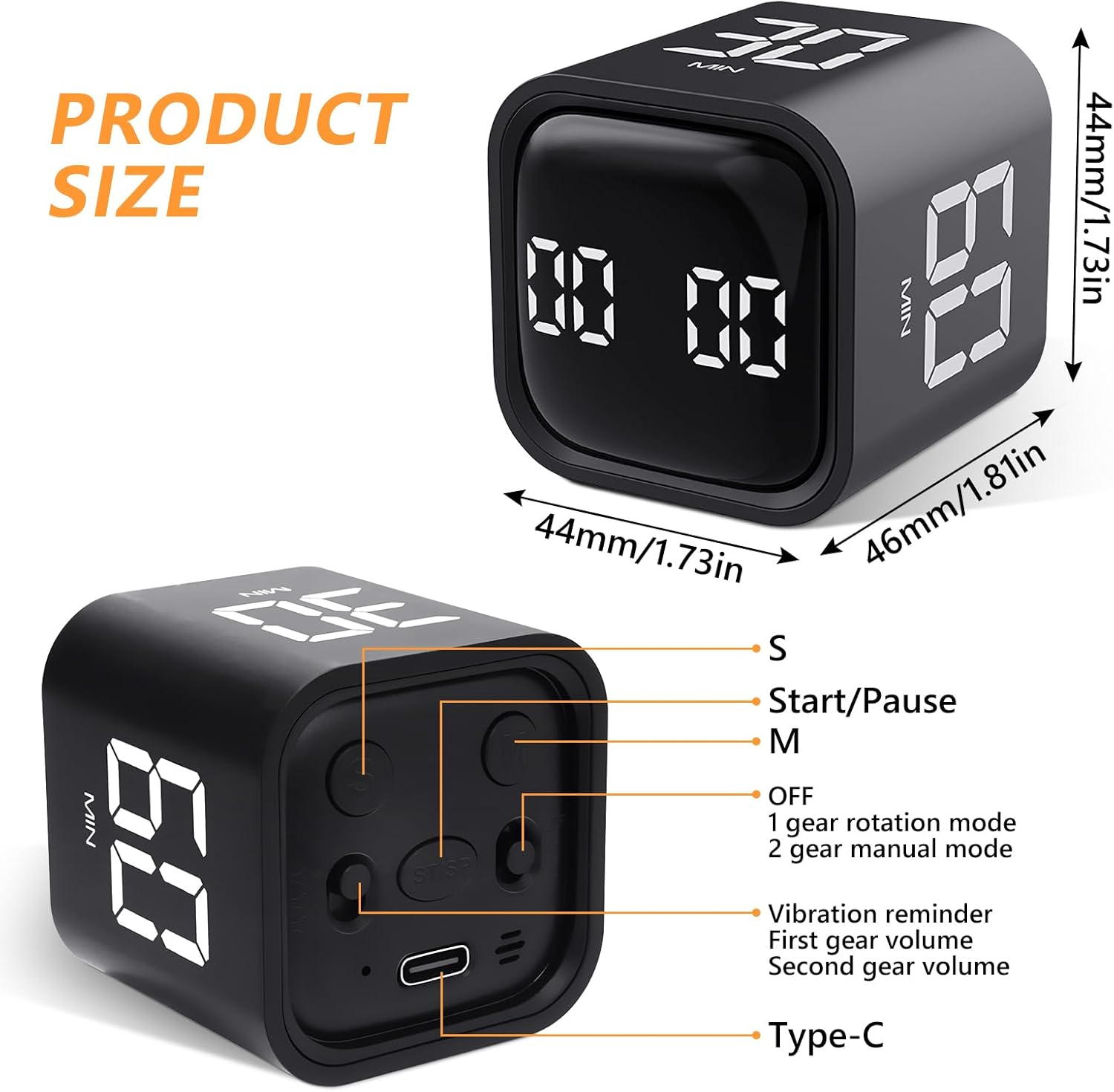 Schwarzer digitaler Timer mit Maßen 44x46mm. Zeigt Zeit und Funktionen an.