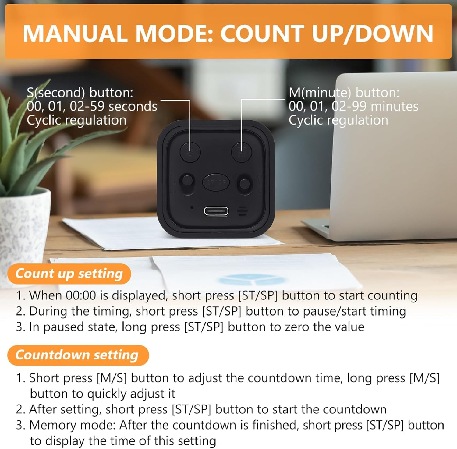 Digitaler Timer mit Tasten für Sekunden und Minuten, Anleitung für Zähl- und Countdown-Modi.