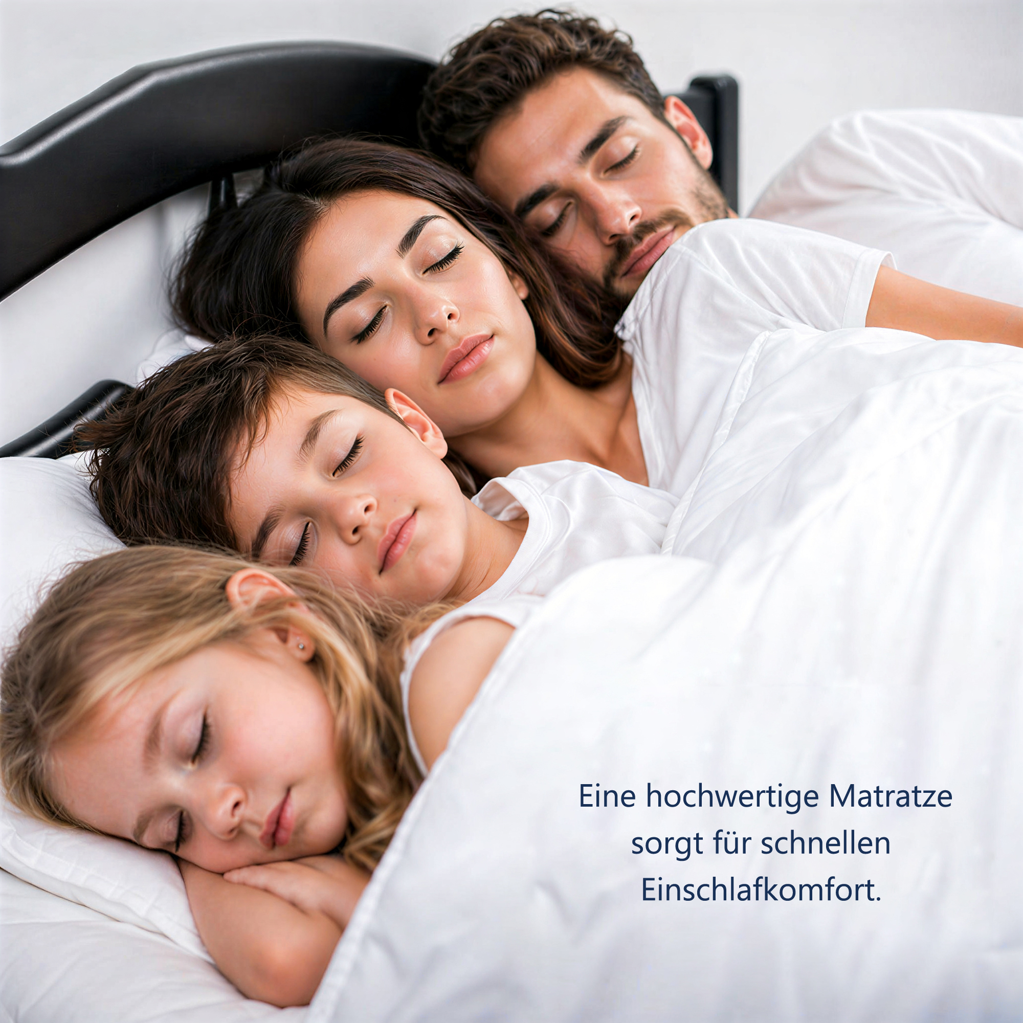 Familie schläft friedlich in einem Bett, bedeckt mit weißen Laken.