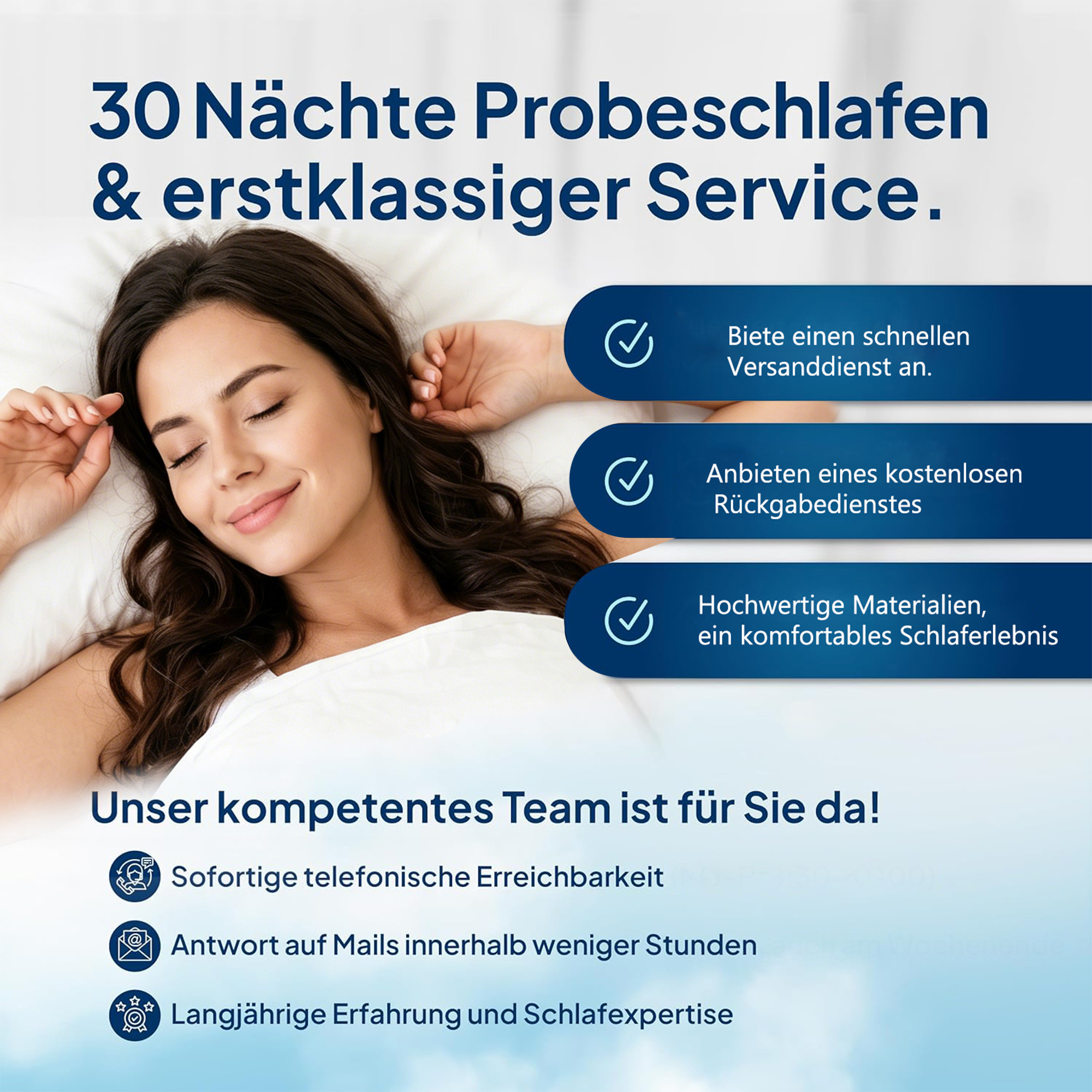 Frau schläft, Text über 30 Nächte Probeschlafen, Service & Team.