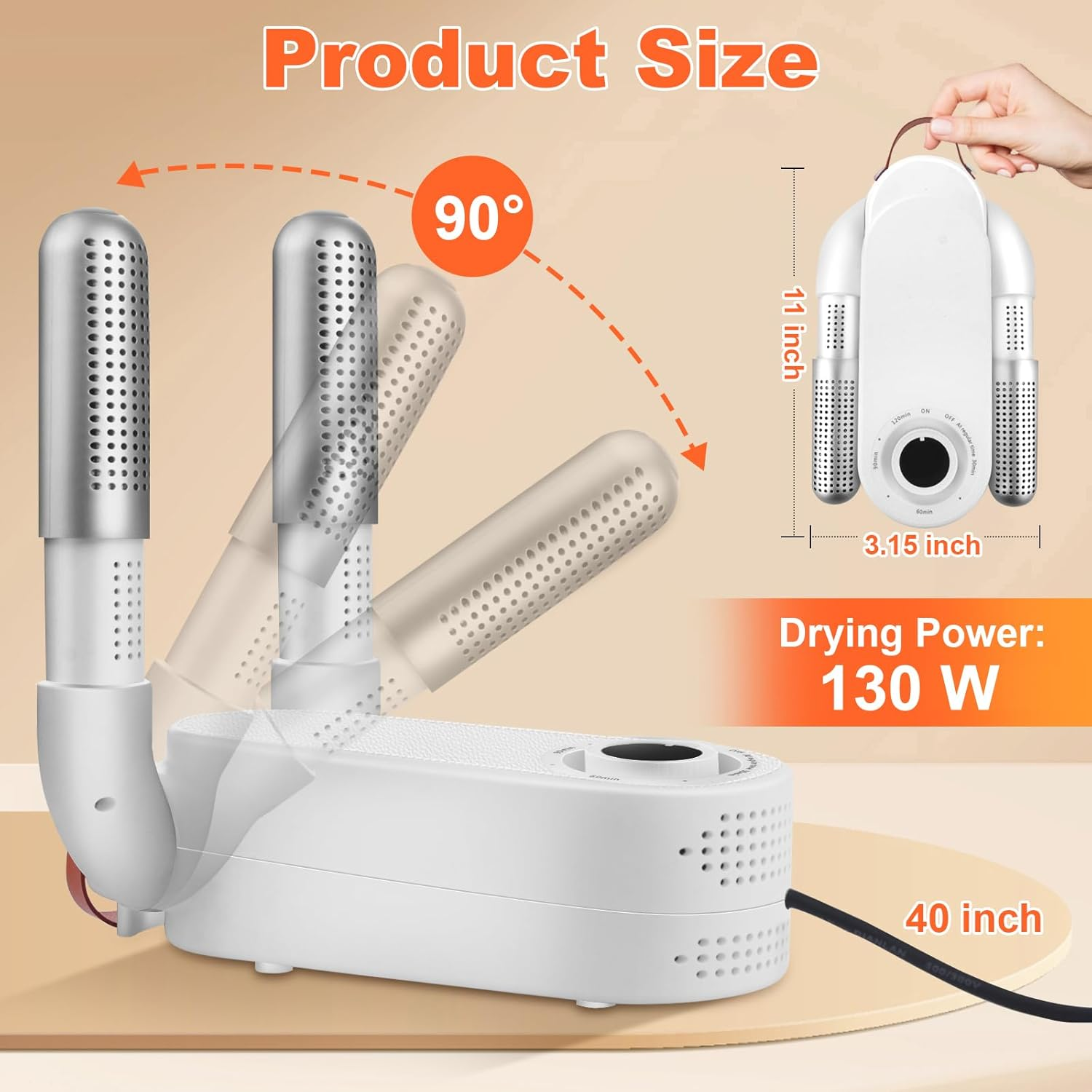 Ein weißer Schuh-Trockner mit verstellbaren Düsen, 11x3,15 Zoll, 130W.