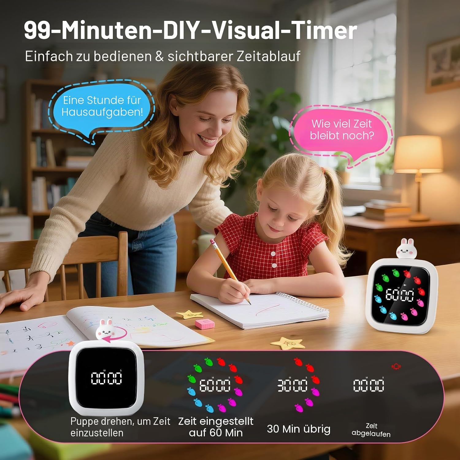 Frau und Kind machen Hausaufgaben mit einem visuellen Timer, der Karotten anzeigt.
