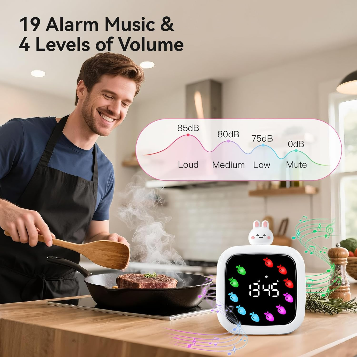Ein Mann kocht ein Steak, während ein digitaler Wecker mit Kaninchen-Motiv und Lautstärkenanzeige daneben steht.