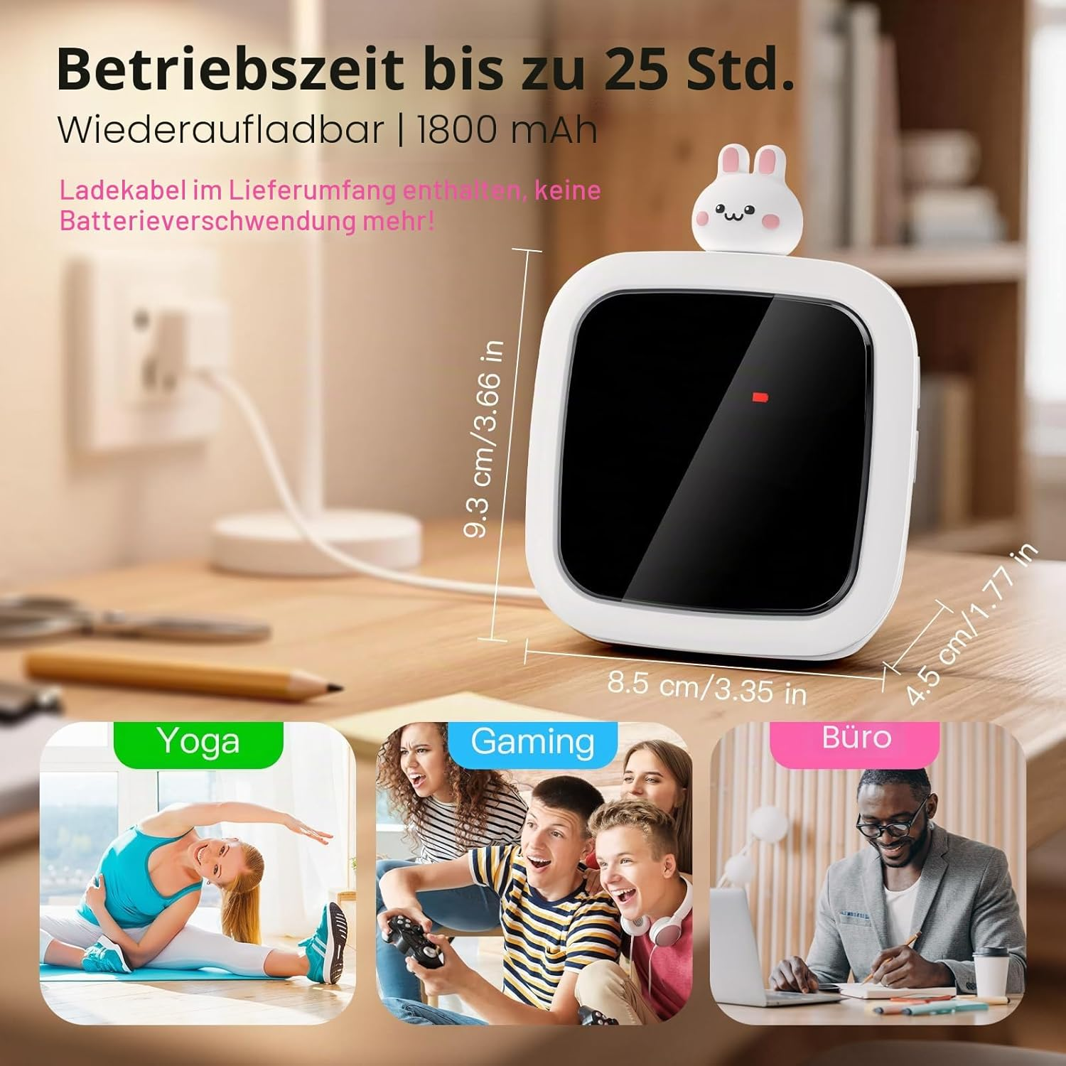Weißes Gerät mit Hasen-Deko, zeigt Yoga-, Gaming- & Büro-Szenen.