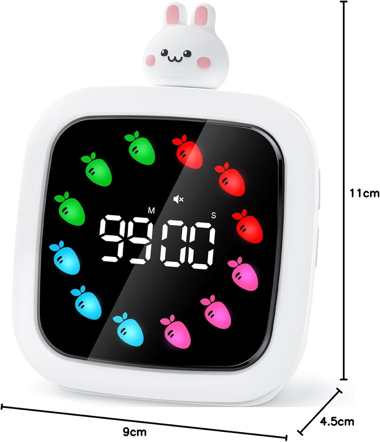 Weißer Timer mit Hasenfigur, zeigt 99:00 und bunte Karotten an.