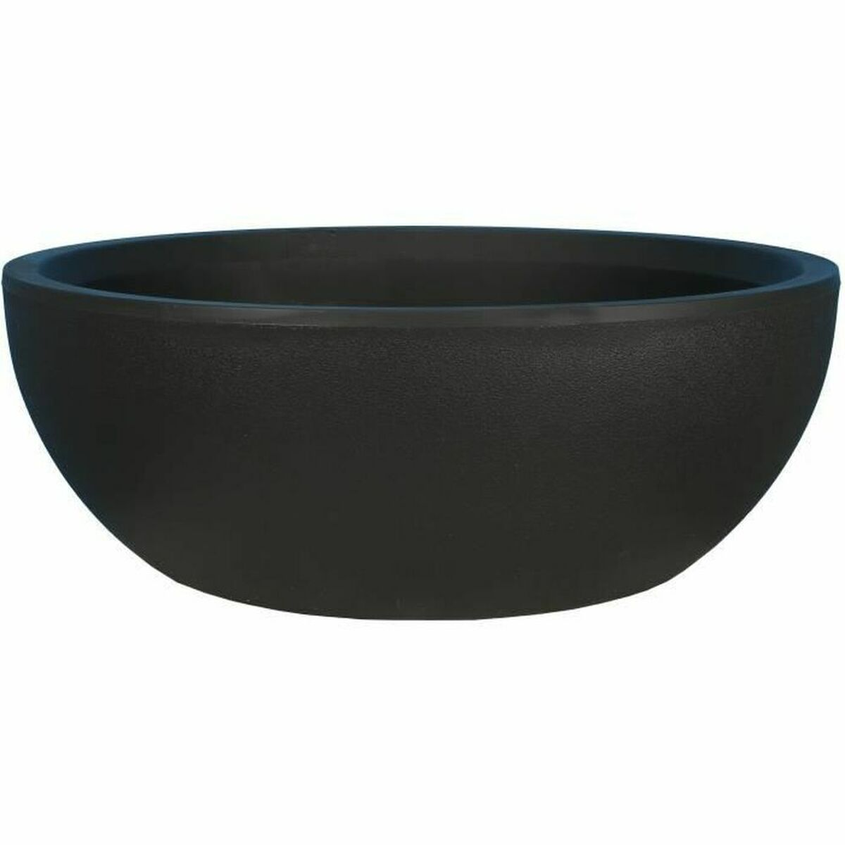 Eine schwarze, schalenförmige Pflanzschale mit leicht aufgerauter Oberfläche.