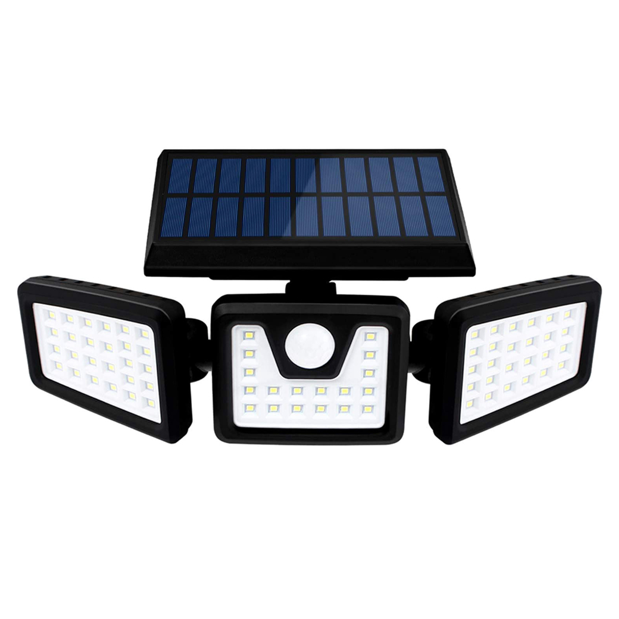 Ein schwarzer Solarstrahler mit drei Lichtern und einem Bewegungssensor.