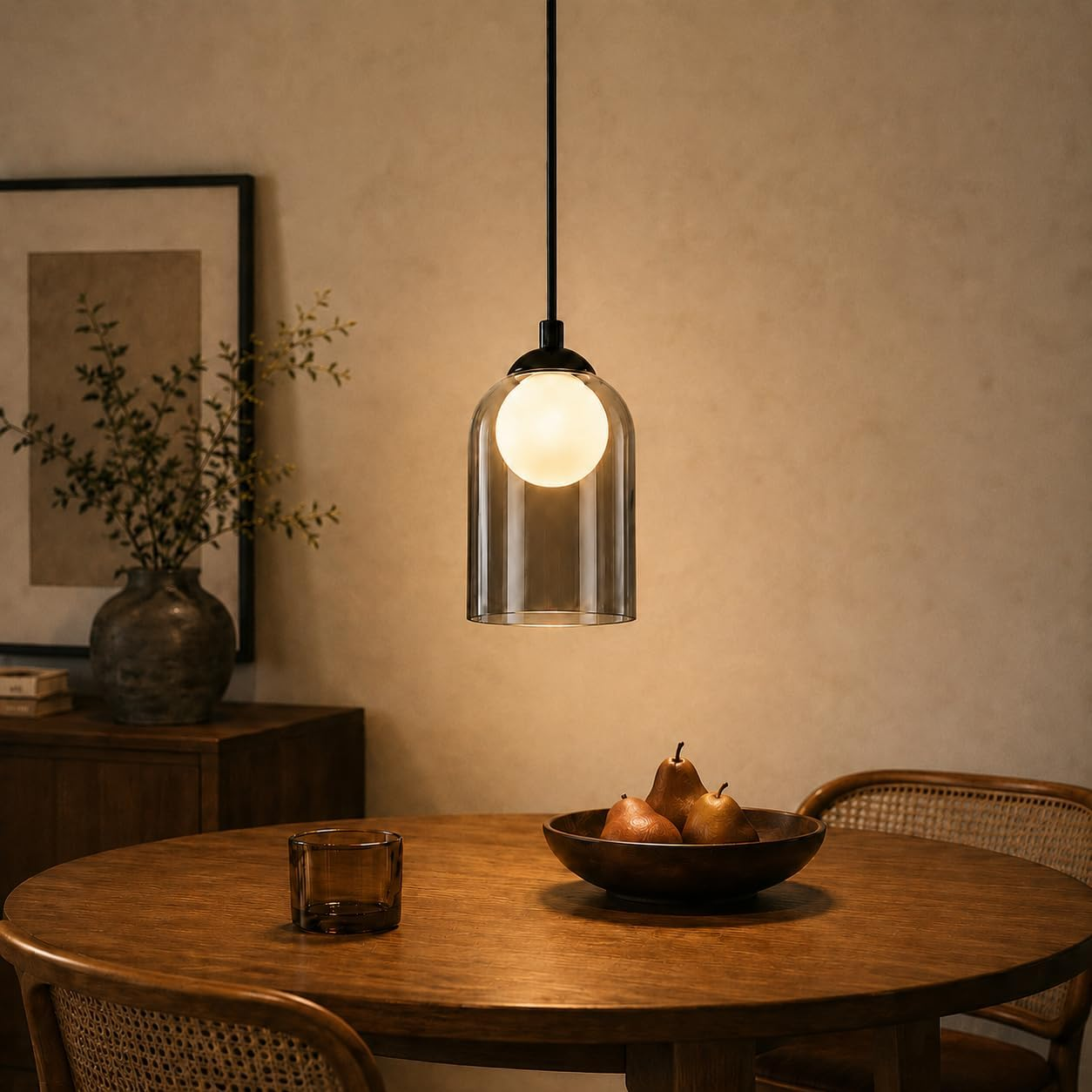 Eine Glas-Pendelleuchte hängt über einem Holztisch mit Birnen und einem Glas.