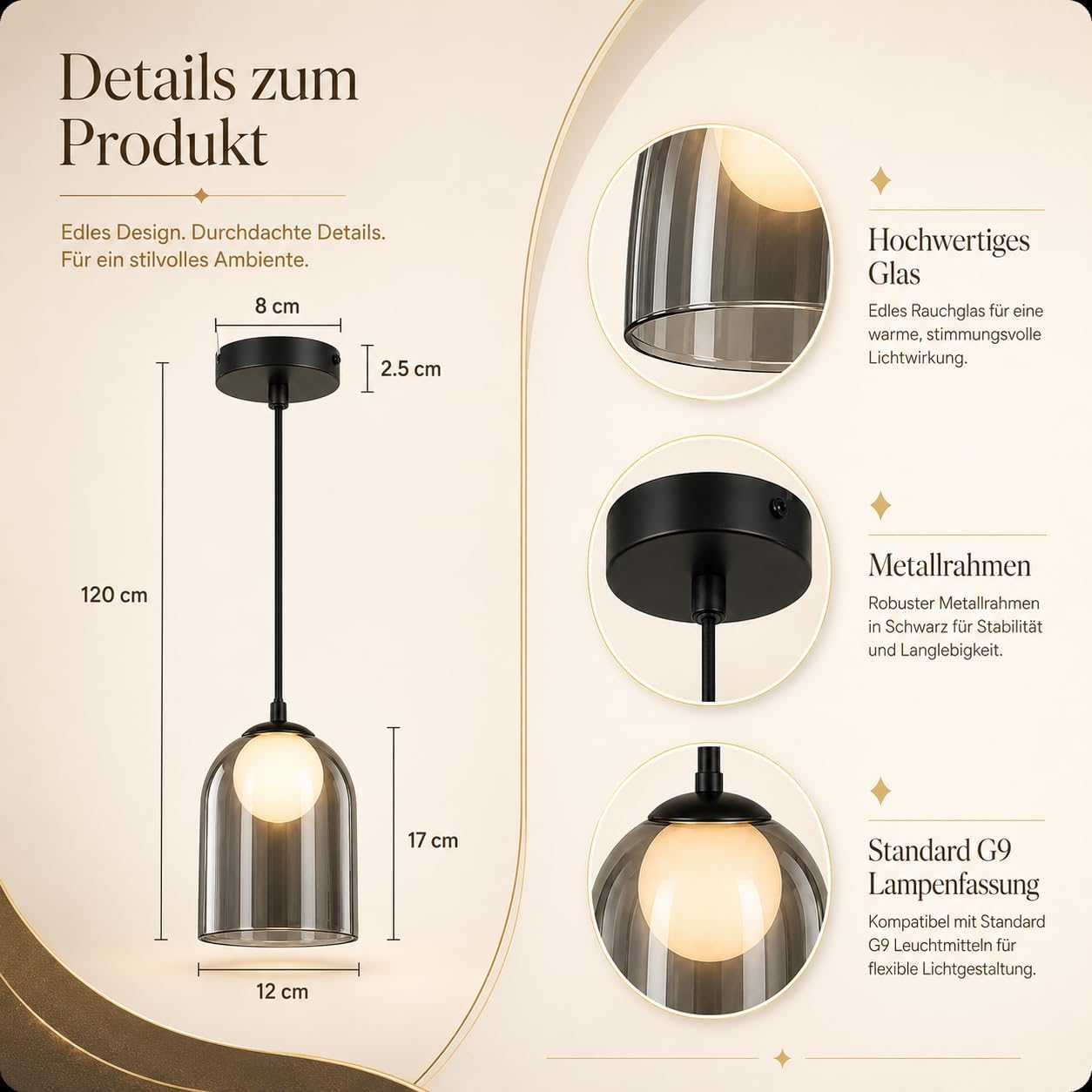 Hängelampe mit schwarzem Metallrahmen, Rauchglas und G9-Fassung. Maße angegeben.