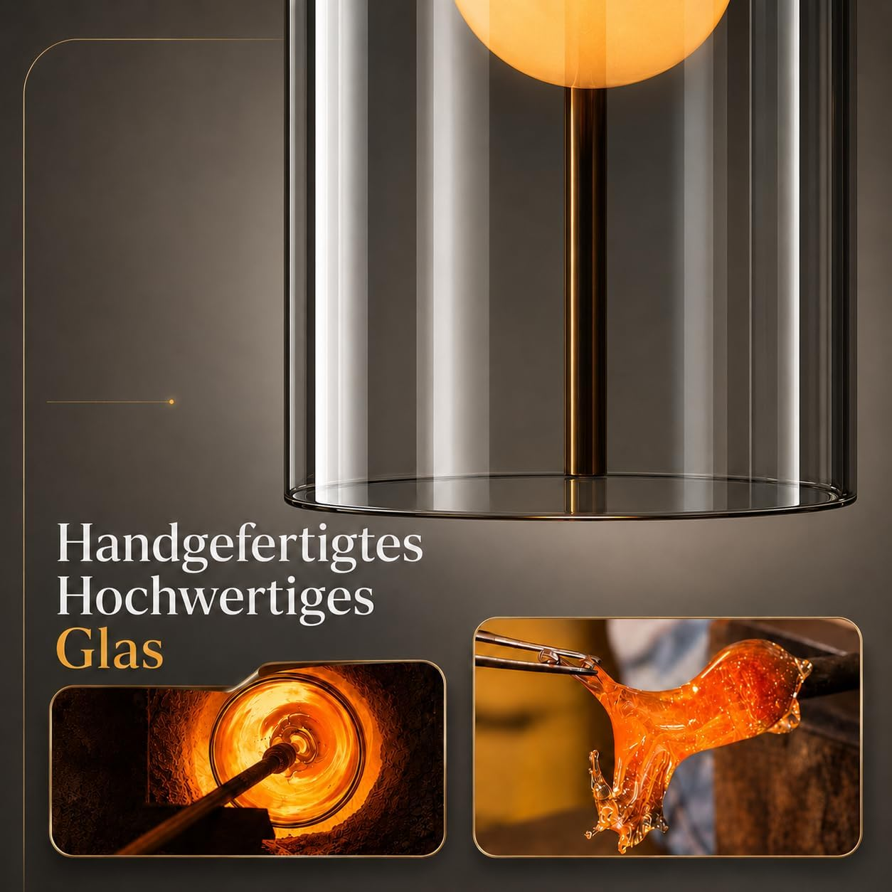 Glasbläser formt glühendes Glas in einem Ofen und mit Werkzeugen.