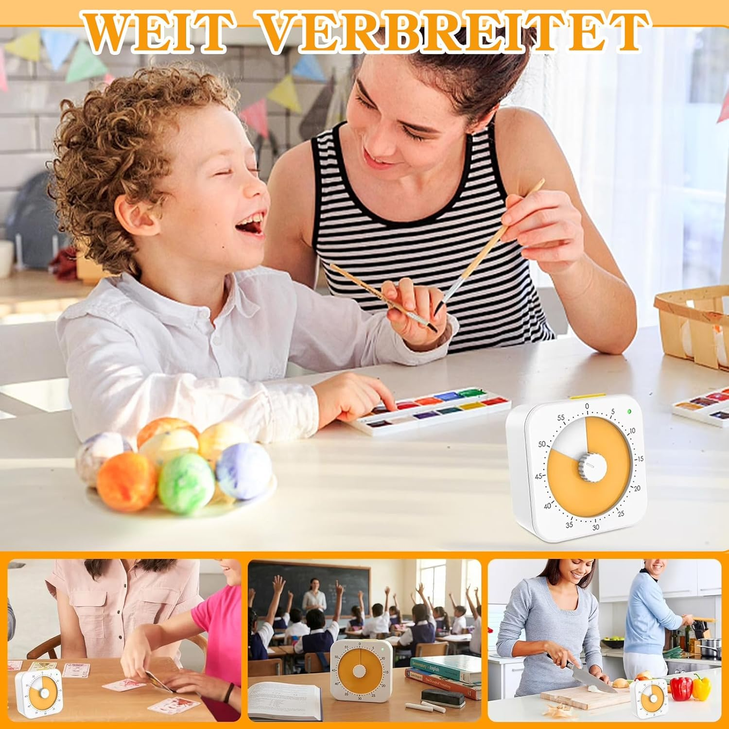 Ein Junge und eine Frau malen, bunte Eier, ein Timer und Szenen von Kindern im Unterricht und beim Kochen.