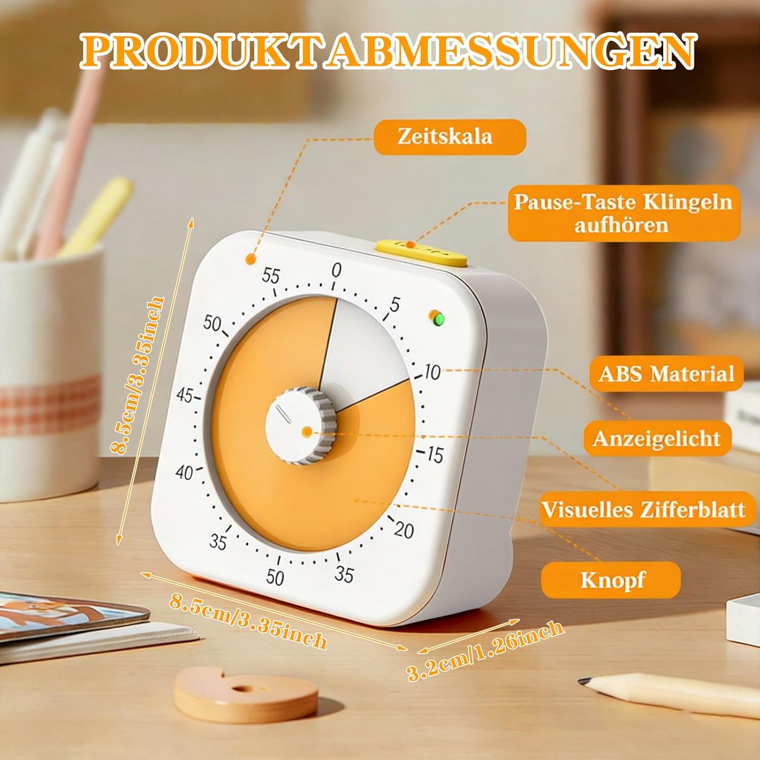 Ein weißer und orangefarbener Küchentimer mit Skalen und Beschriftungen für Messungen.