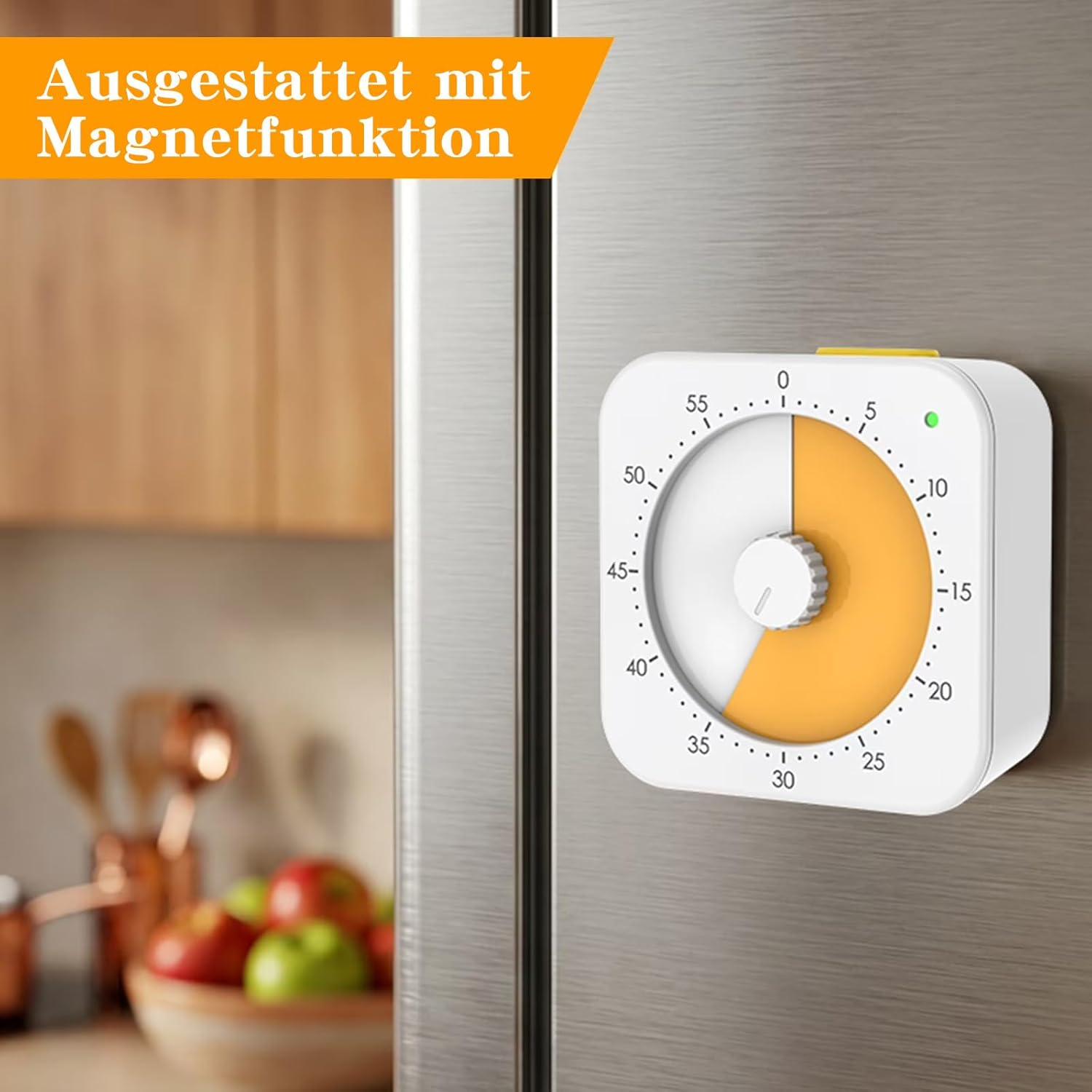 Ein weißer Küchentimer mit Magnetfunktion hängt an einem Kühlschrank.