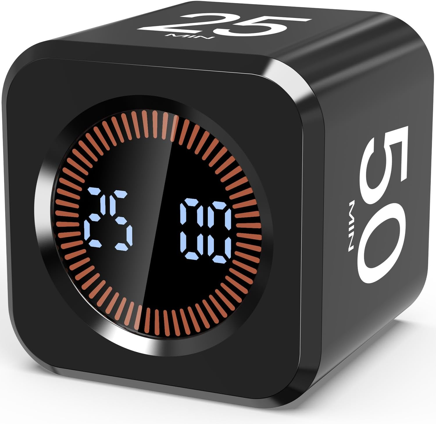 Ein schwarzer Würfel-Timer mit digitaler Anzeige von 25 und 50 Minuten.