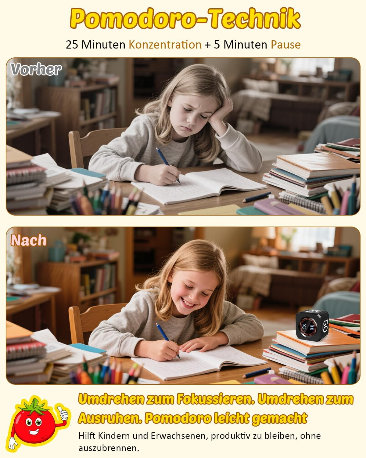 Mädchen lernt frustriert, dann lächelnd. Pomodoro-Technik erklärt.