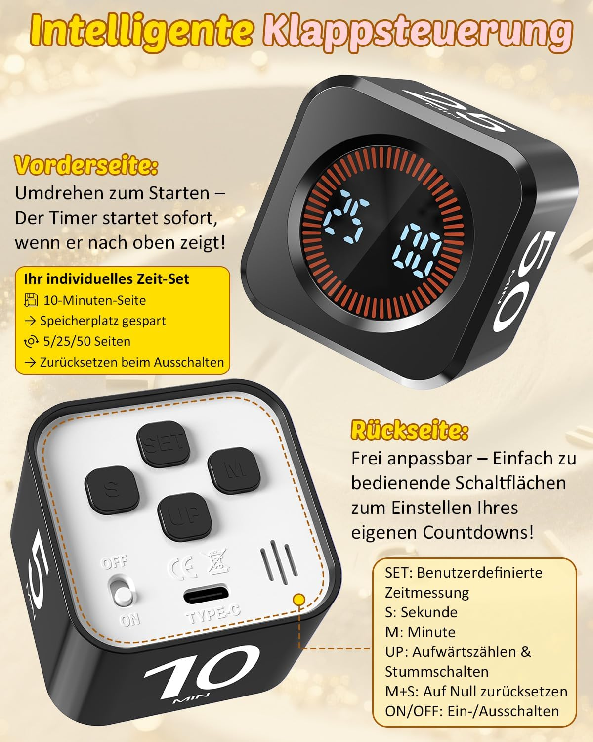 Ein schwarzer digitaler Timer mit Tasten auf der Rückseite und einer digitalen Anzeige auf der Vorderseite.
