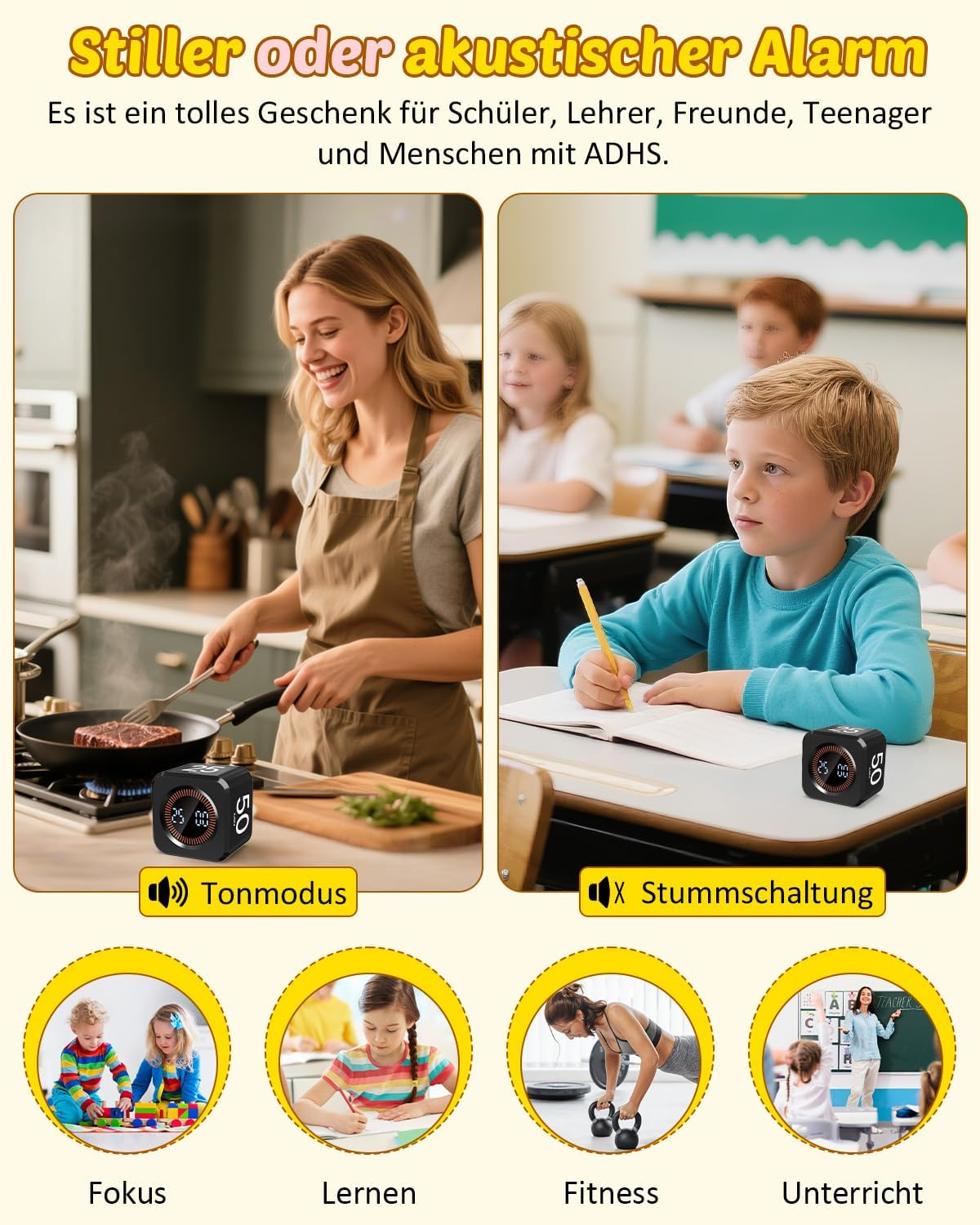 Frau kocht, Kinder lernen, Frau trainiert, Lehrer unterrichtet. Mit Timer.
