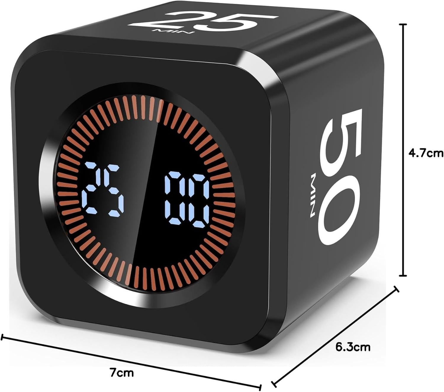 Schwarzer digitaler Timer-Würfel mit leuchtendem Display, zeigt 25:00. Maße angegeben.