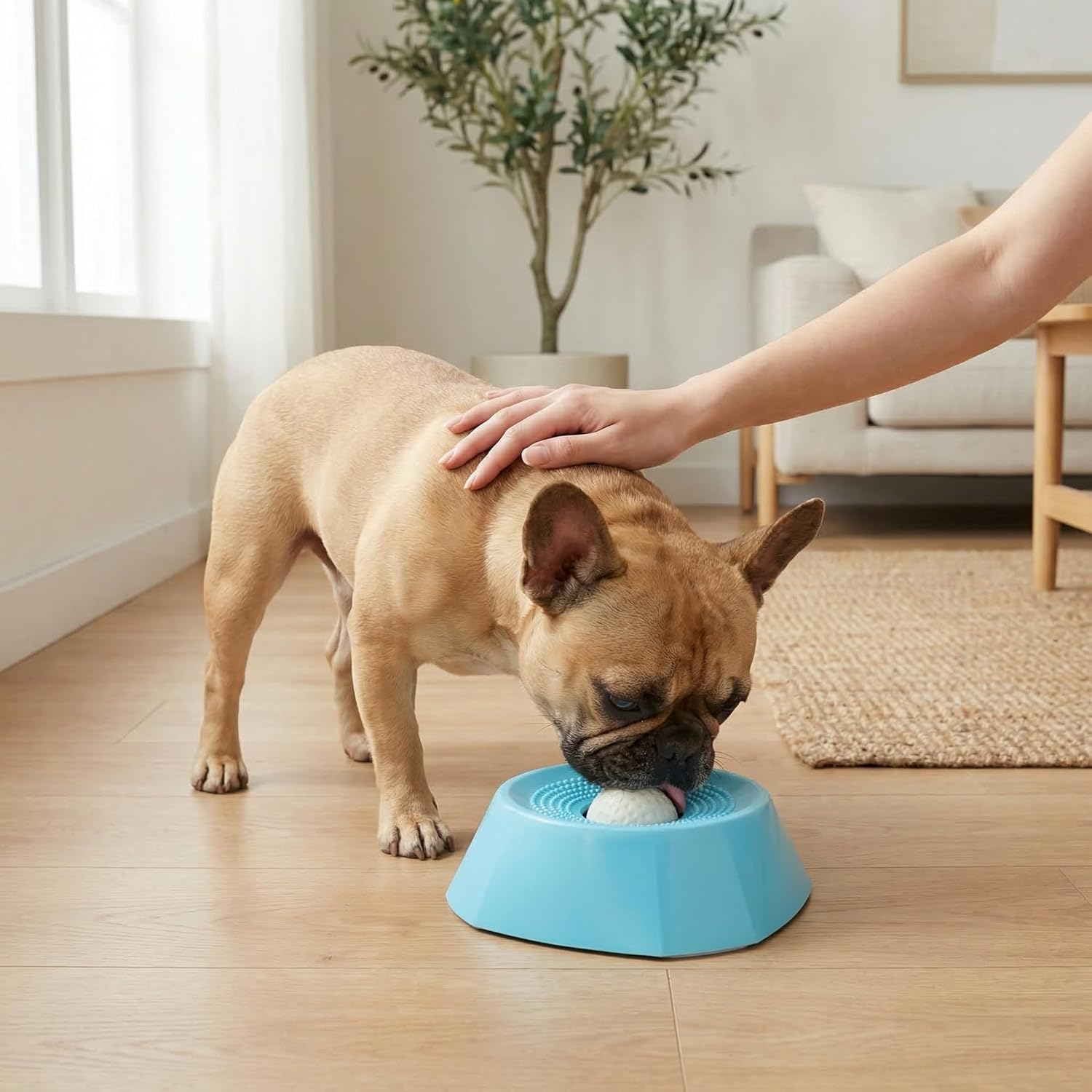 Ein brauner Bulldogge trinkt aus einer blauen Schüssel, während eine Hand seinen Kopf streichelt.