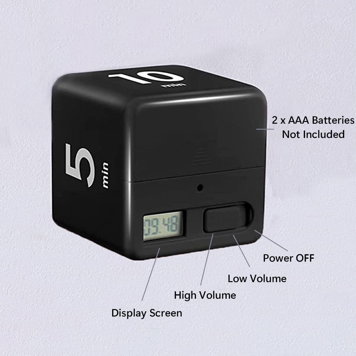 Schwarzer Würfel-Timer mit "5" und "10 Min.", Display, Knöpfen.