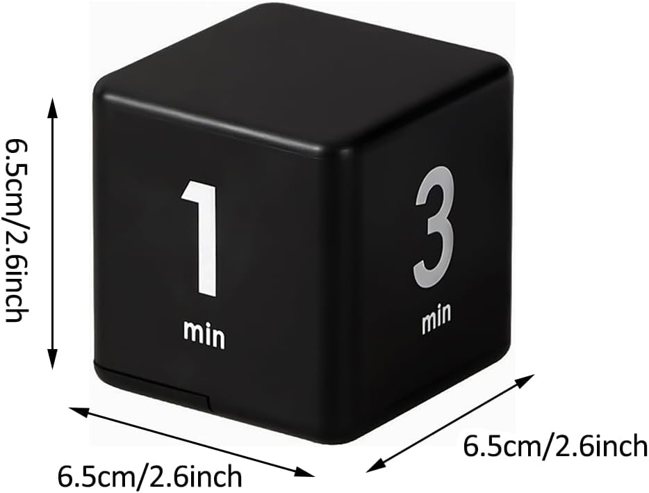 Schwarzer Würfel-Timer mit weißen Zahlen 1 und 3 und der Aufschrift 'min'.