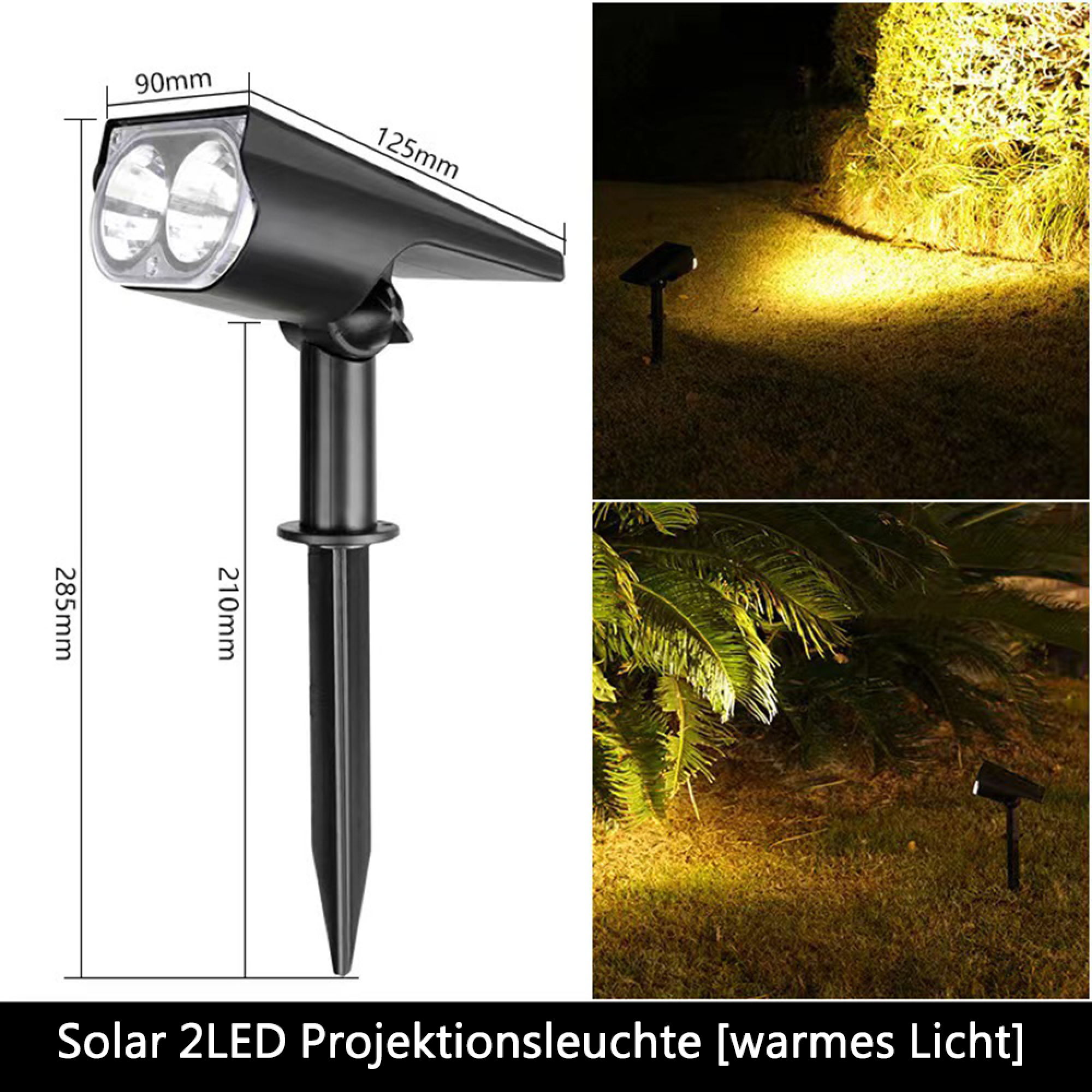 Solar-Gartenleuchte mit zwei LEDs, beleuchtet einen Baum und Gras.