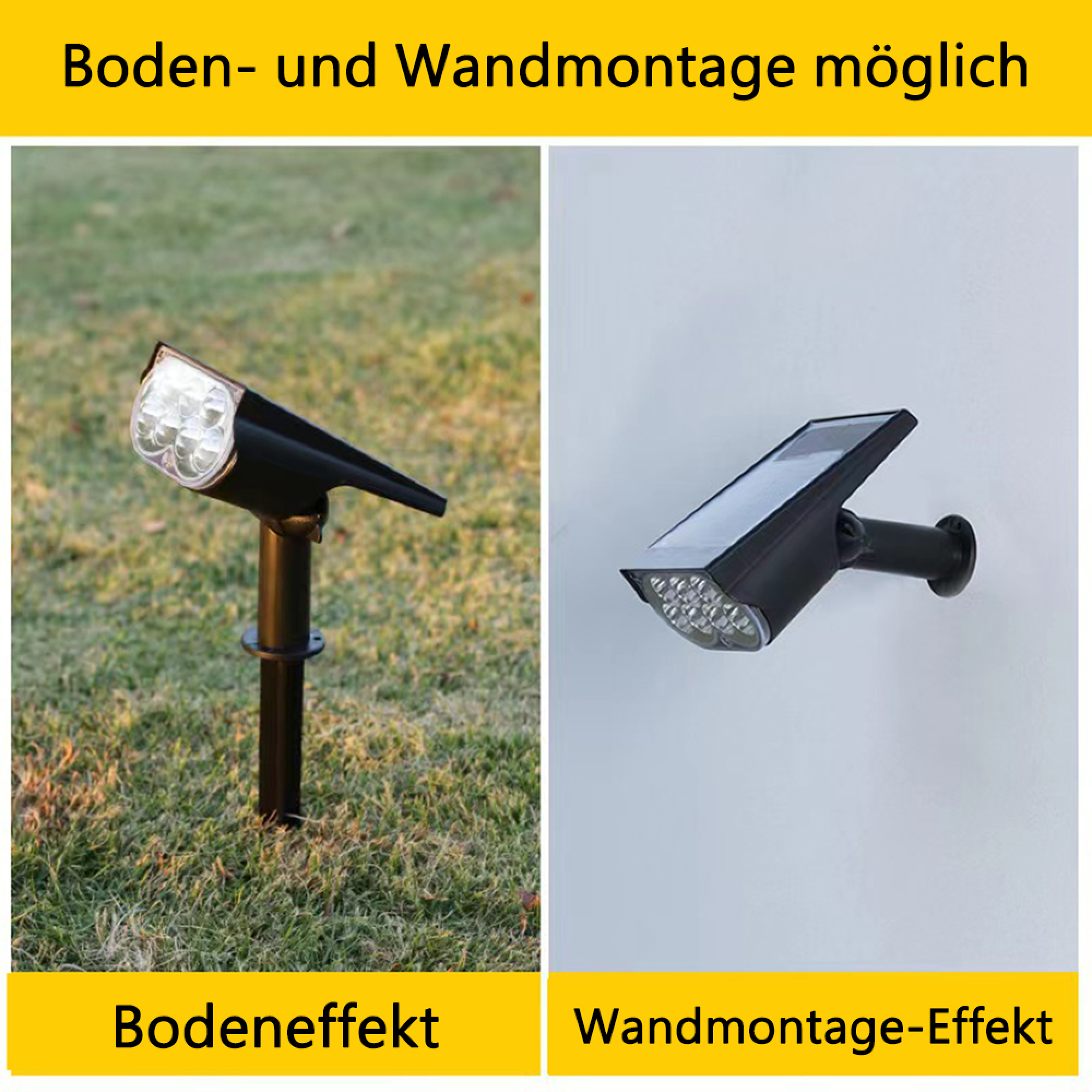 Solarleuchte: Boden- und Wandmontage möglich. Links Erdspieß, rechts Wandhalterung.