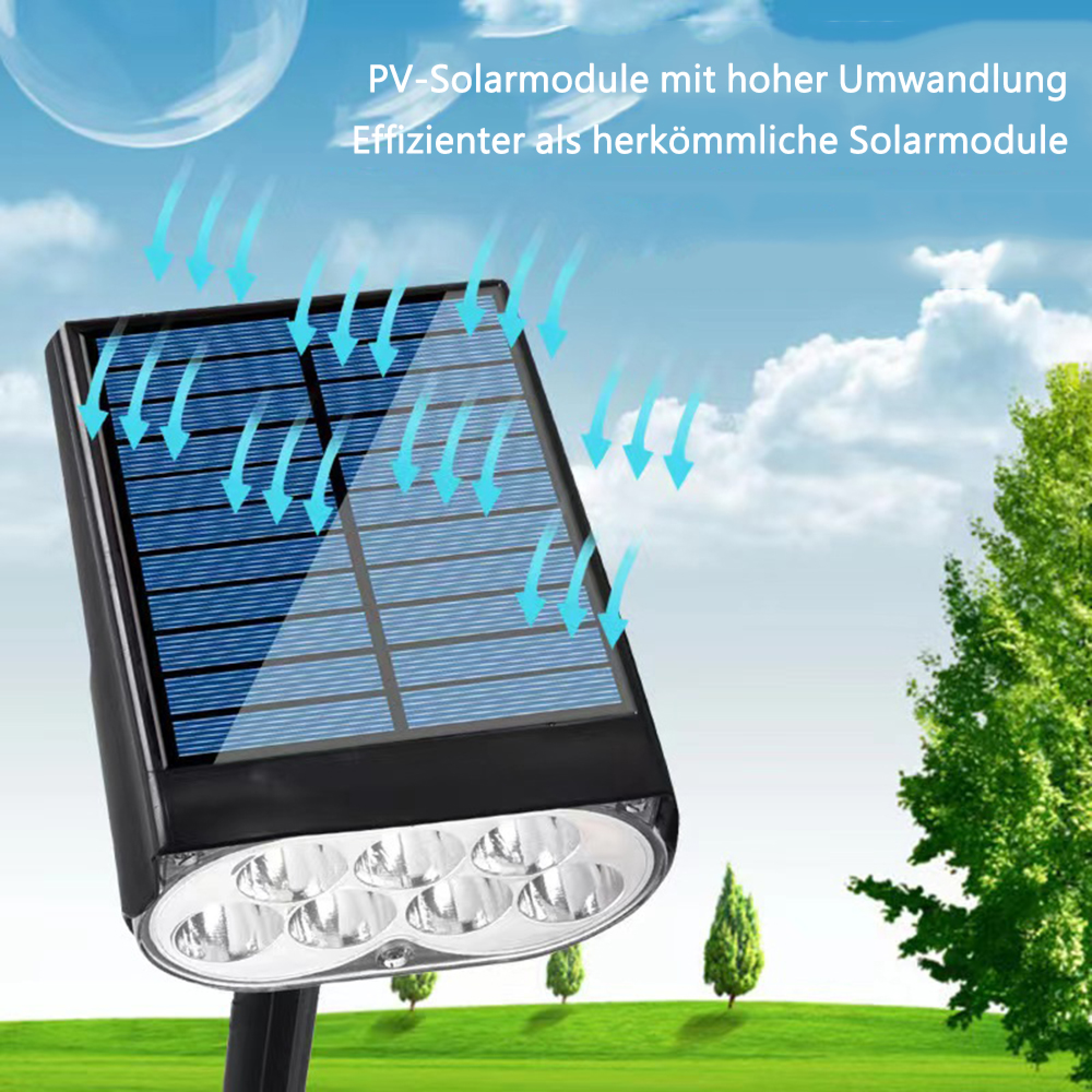 Solarpanel mit Lichtern und Pfeilen, die Energie anzeigen, im Freien.