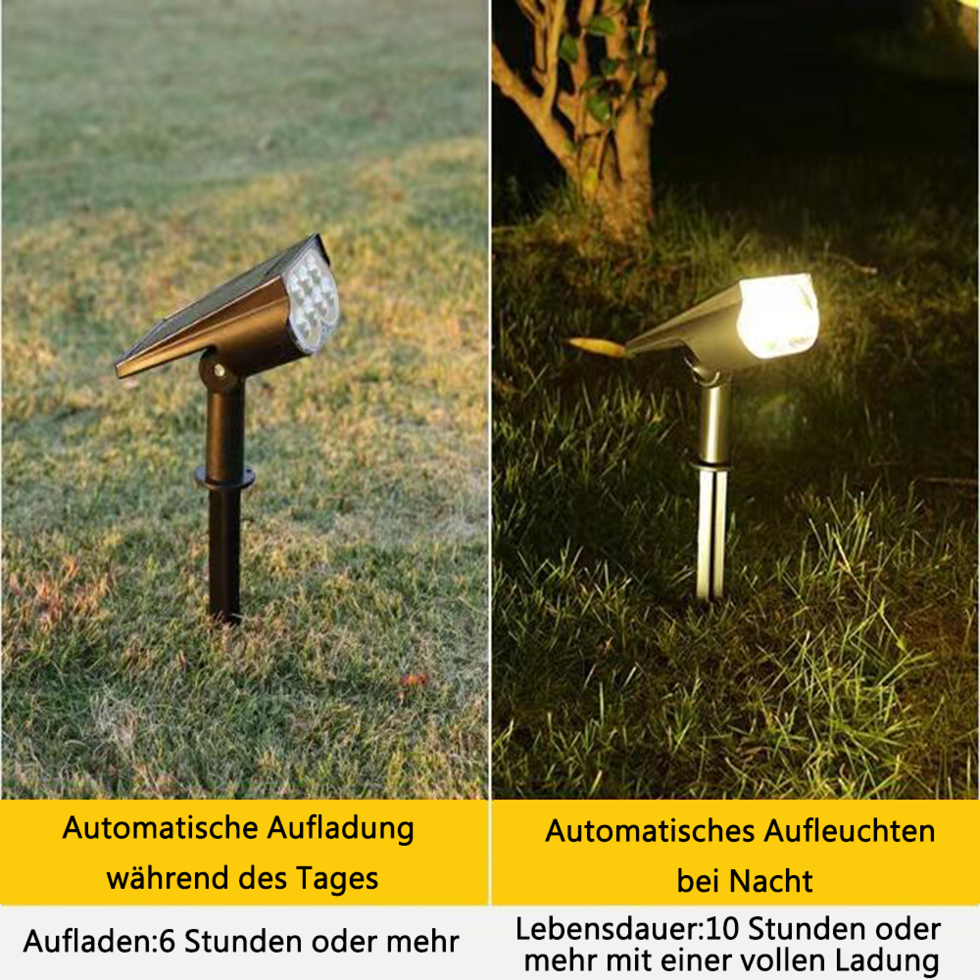 Solarleuchte: Tagsüber Aufladung, Nachts Beleuchtung. Lädt 6+ Std, leuchtet 10+ Std.