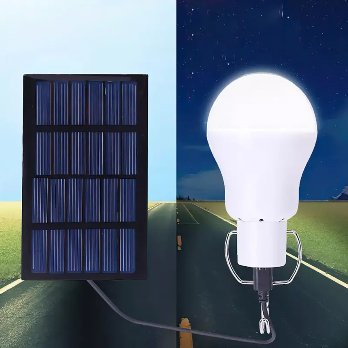 Solarpanel links, leuchtende Glühbirne rechts auf nächtlicher Straße.