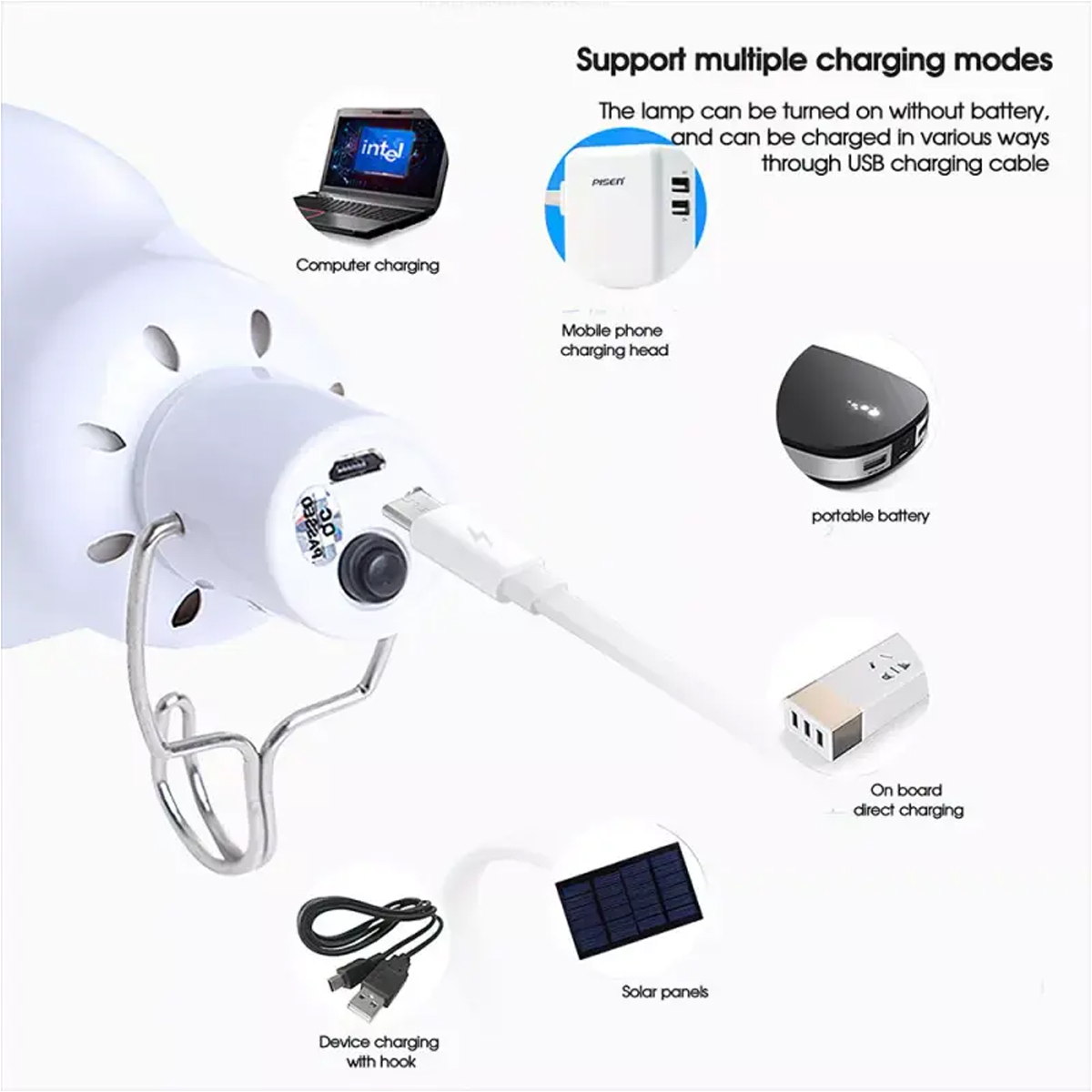 Lampe mit mehreren Lademöglichkeiten: Computer, Handy-Ladegerät, Akku, Solar, Haken.