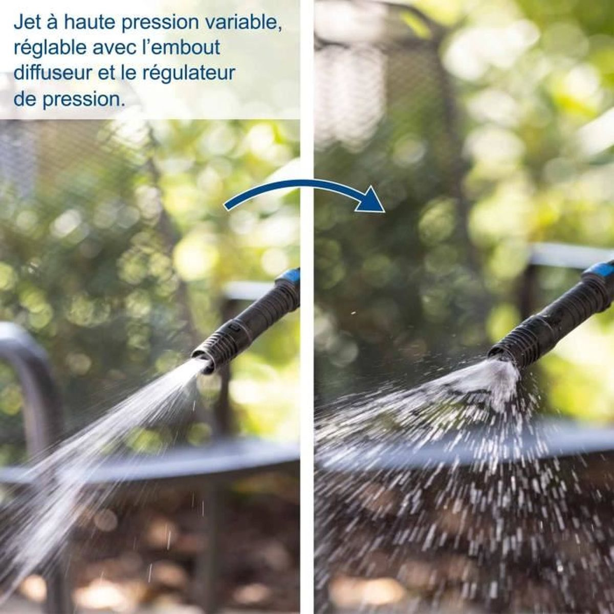 Ein Gartenschlauch spritzt Wasser in zwei verschiedenen Mustern.