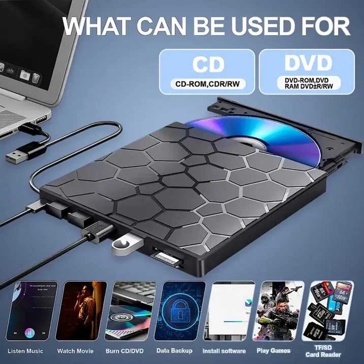 Ein externer CD/DVD-Brenner mit USB-Anschluss, der für Musik, Filme, Datensicherung und mehr verwendet wird.