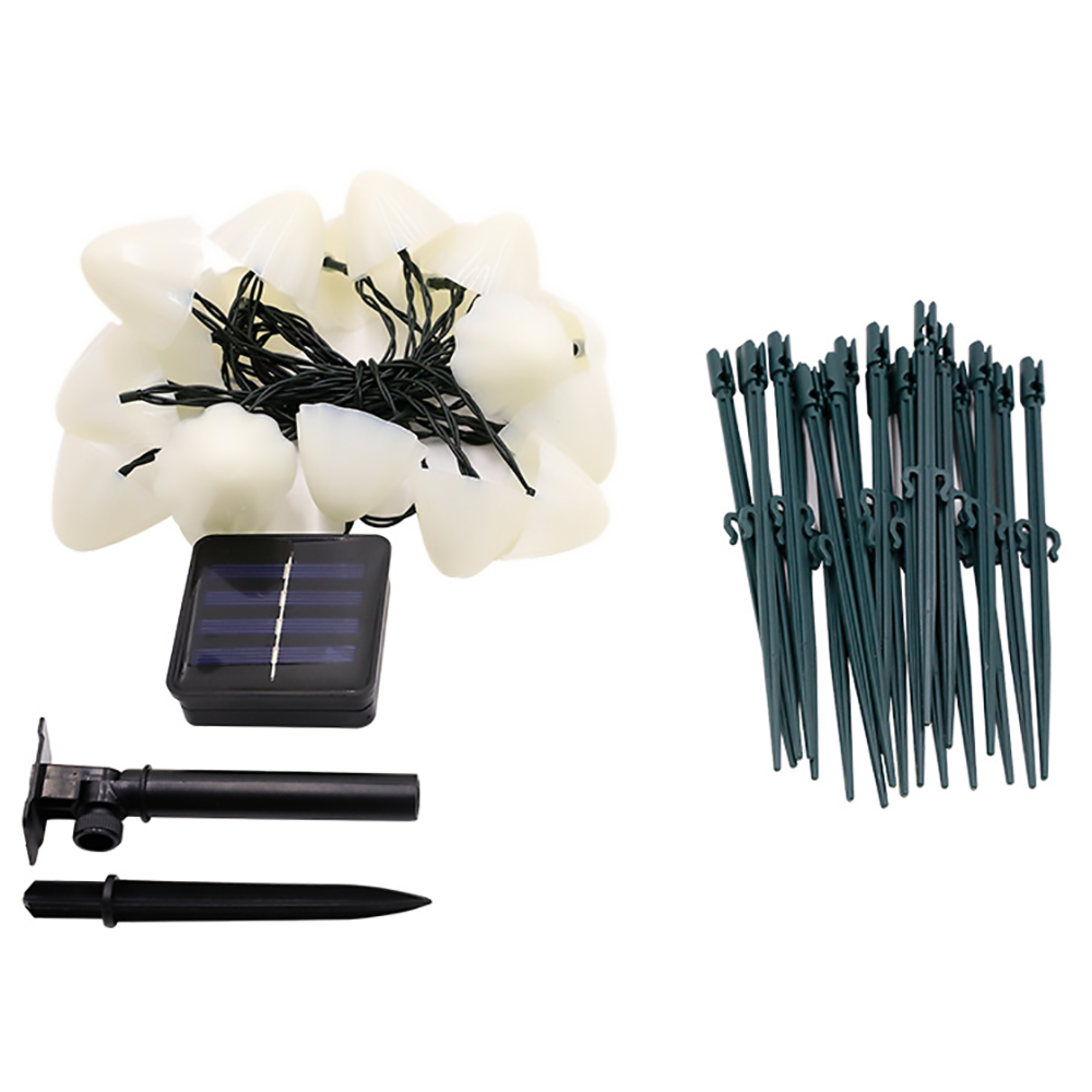Mohnblumen-Lichterkette mit Solarpanel und Erdspießen.