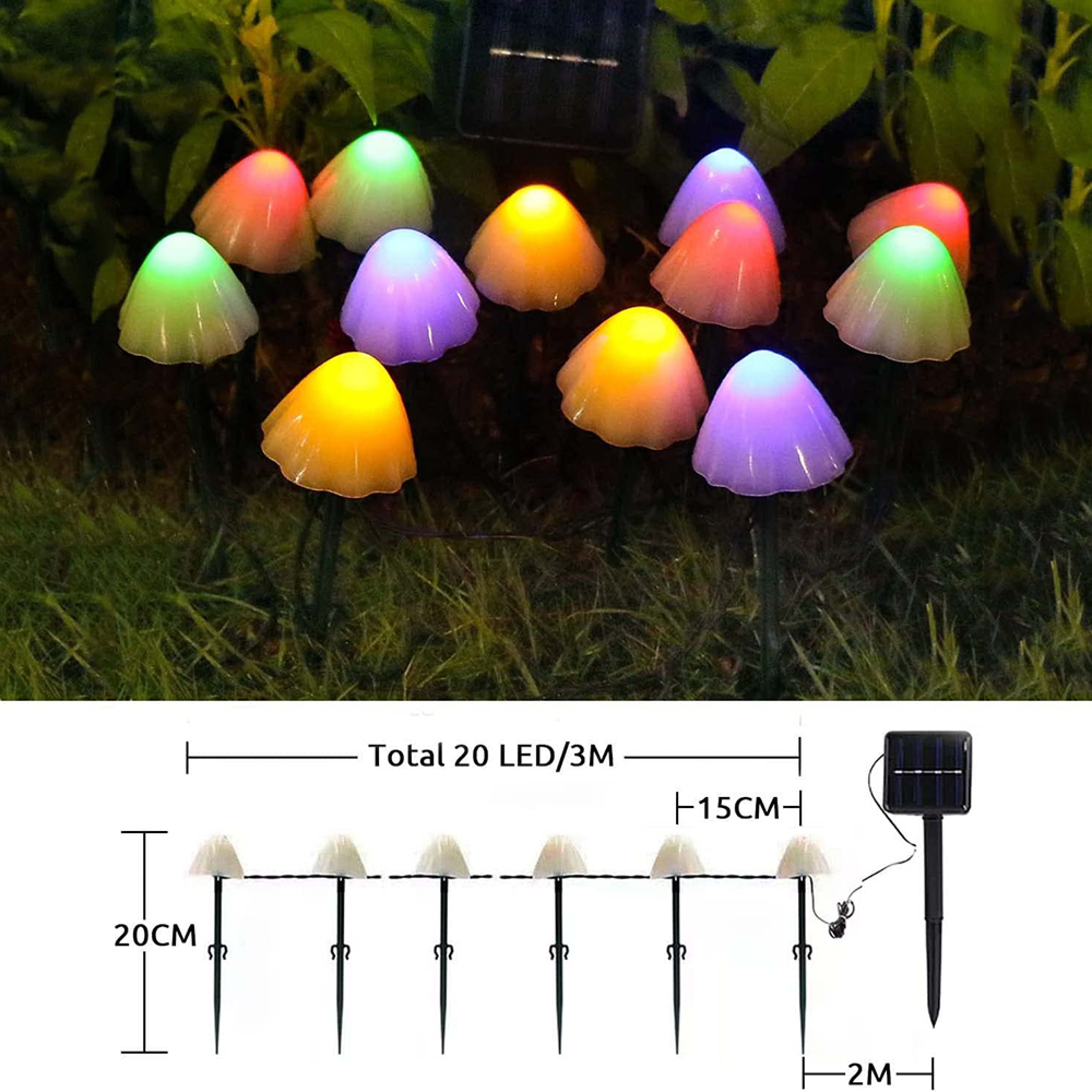 Pilzförmige Solarleuchten in verschiedenen Farben leuchten nachts auf Gras.