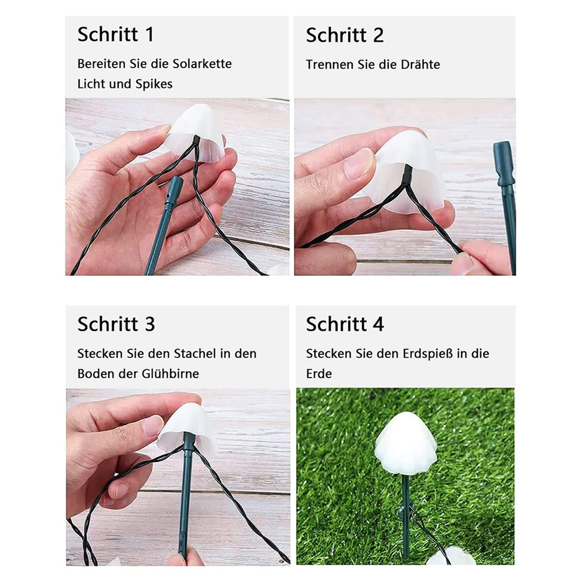 Schritt-für-Schritt-Anleitung für Lichterketten-Pilze: Montage der Spikes und Erdung.