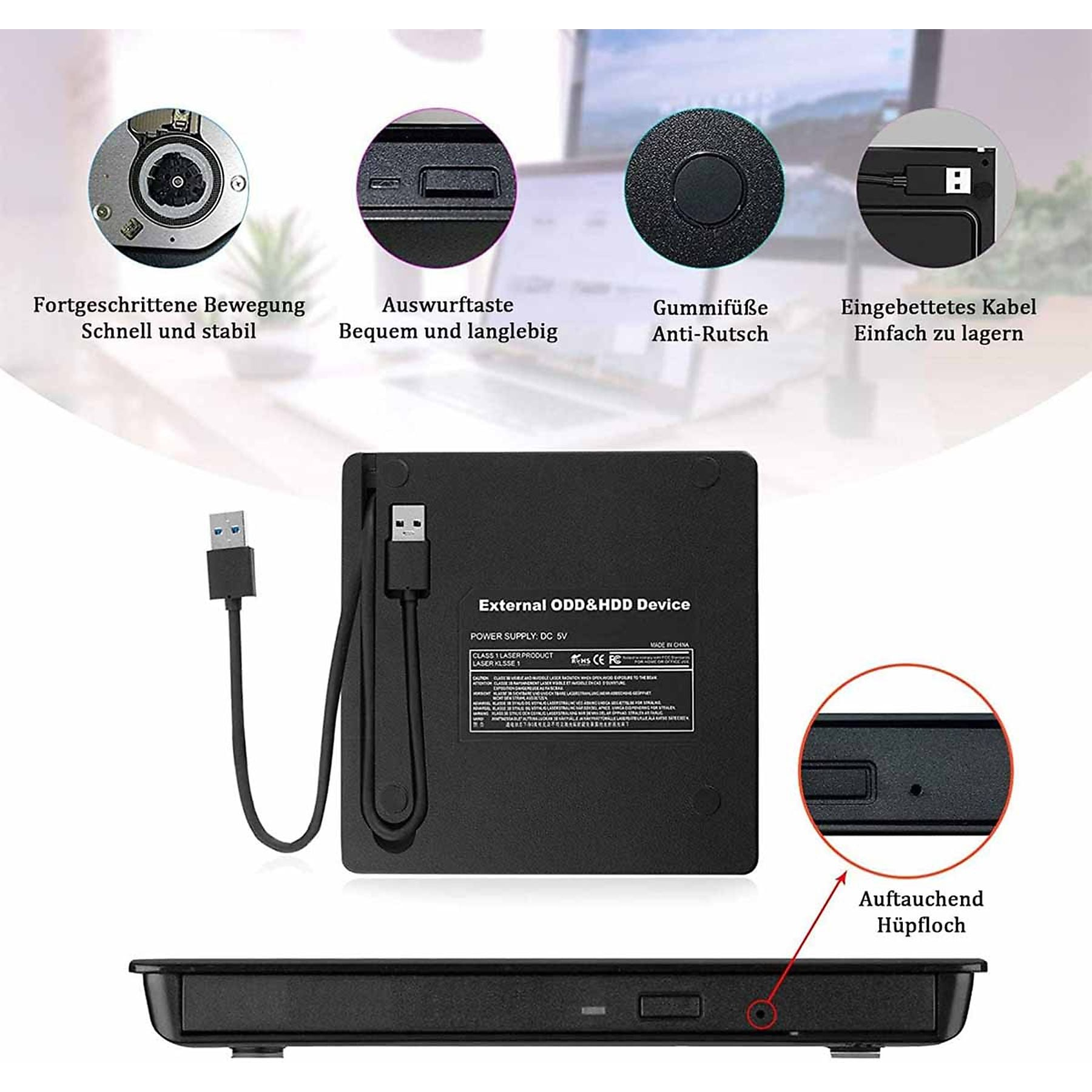 Schwarzes externes ODD&HDD-Gerät mit USB-Kabel und Hinweisen zu Merkmalen.