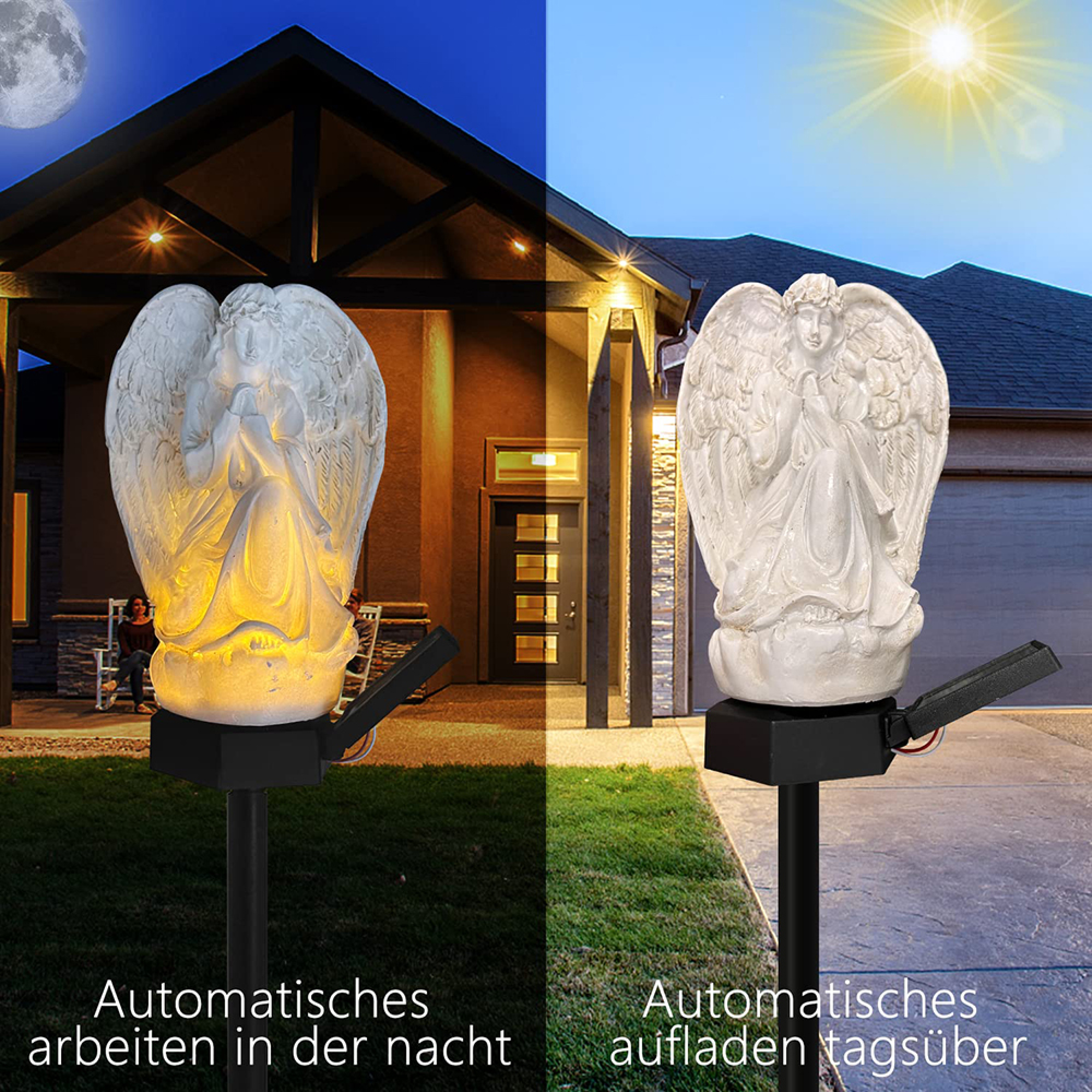 Engel Lampe bei Nacht und Tag, Haus mit Mond und Sonne.