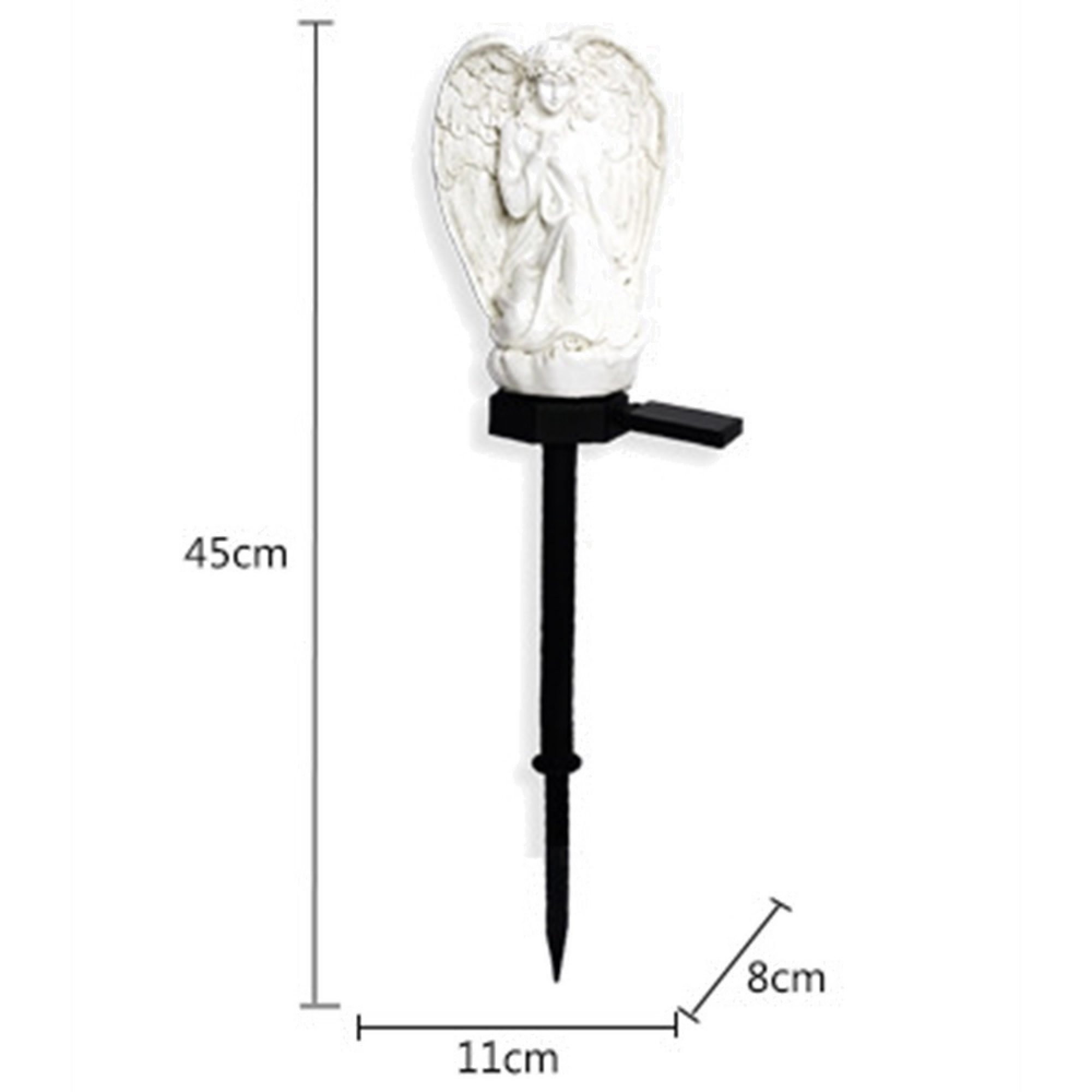 Weiße Engelsstatue auf schwarzem Erdspieß mit Maßen 45cm x 11cm x 8cm.