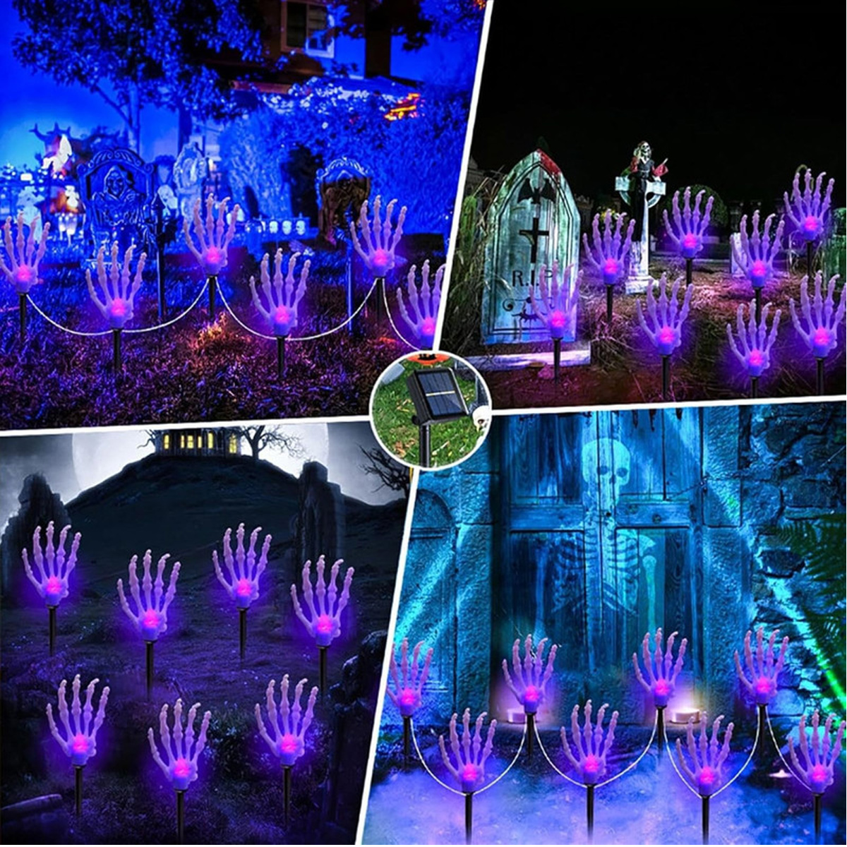Halloween-Lichter mit Skeletthänden leuchten lila vor Gräbern und Türen.