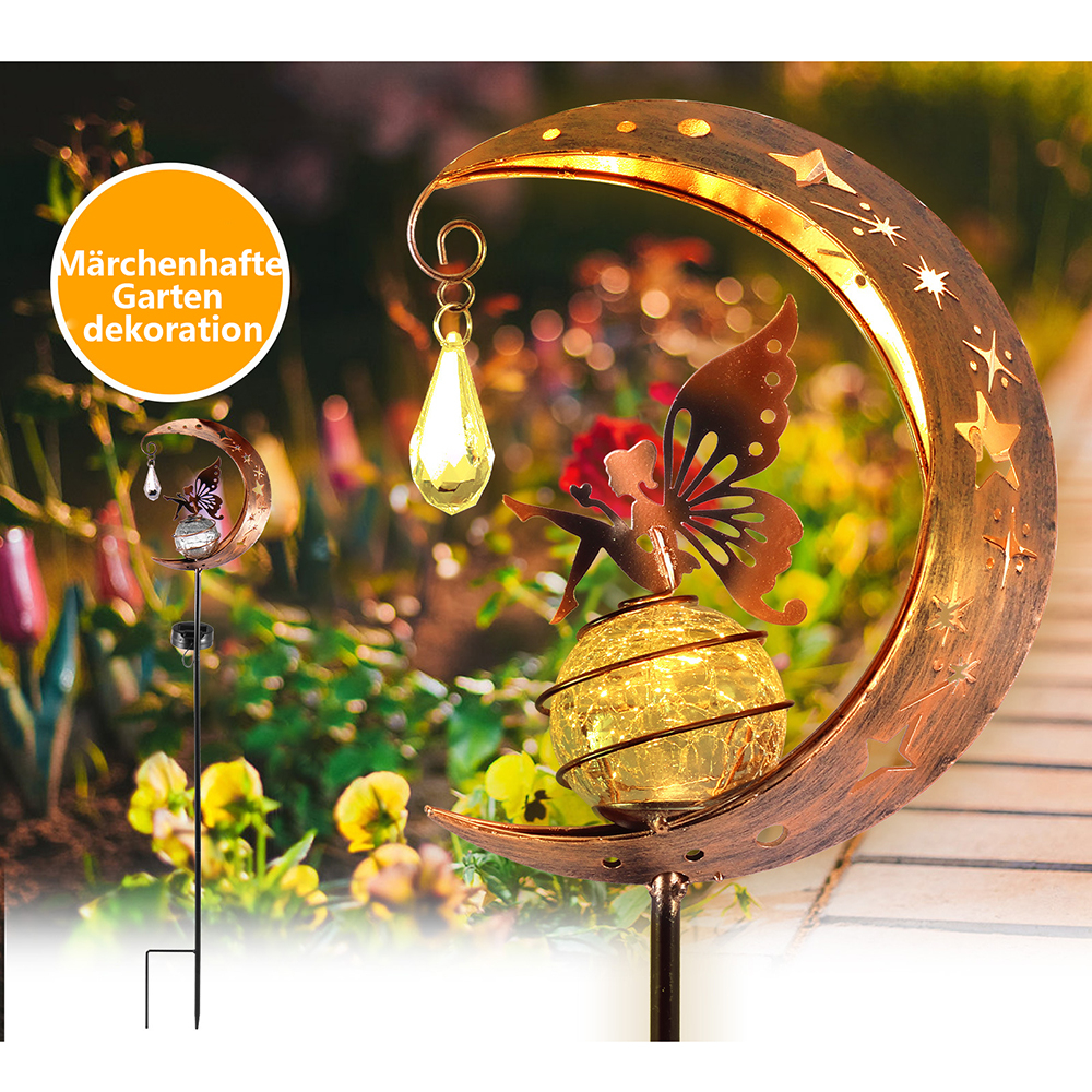 Mondförmige Gartenleuchte mit Fee und Glaskugel im Garten.