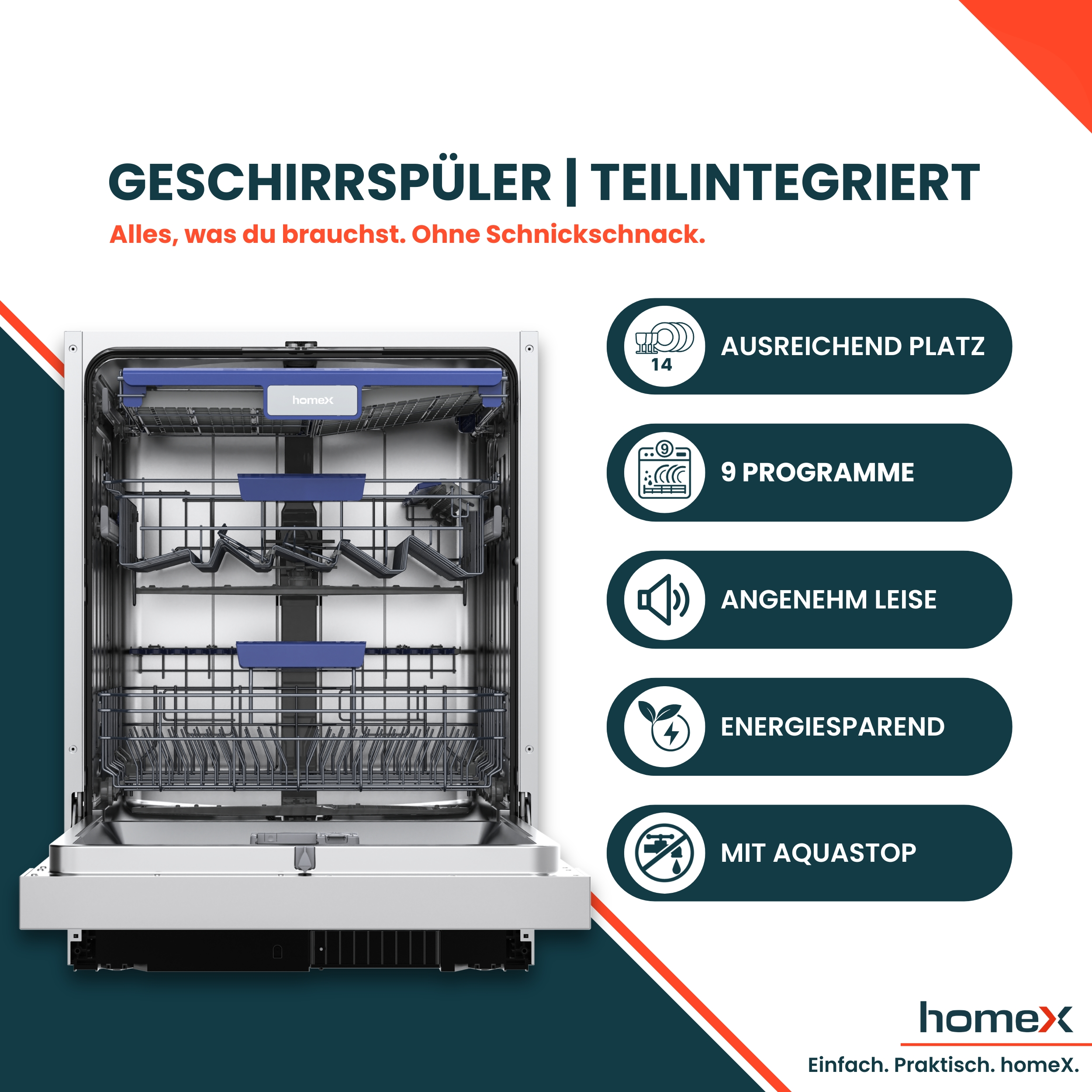 Ein teilintegrierter Geschirrspüler mit viel Platz, 9 Programmen, leise, energiesparend.