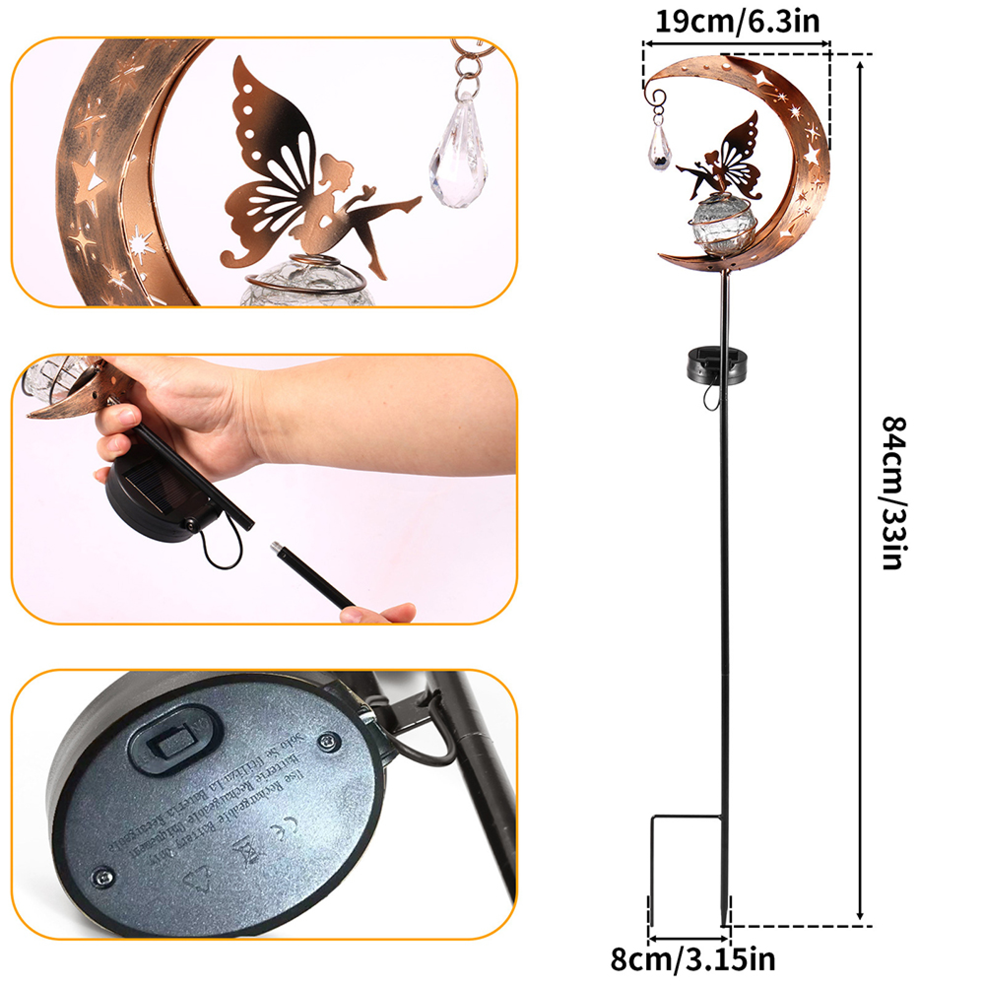 Dekorative Lampe: Mond mit Fee, Kristallanhänger und Solarpanel.