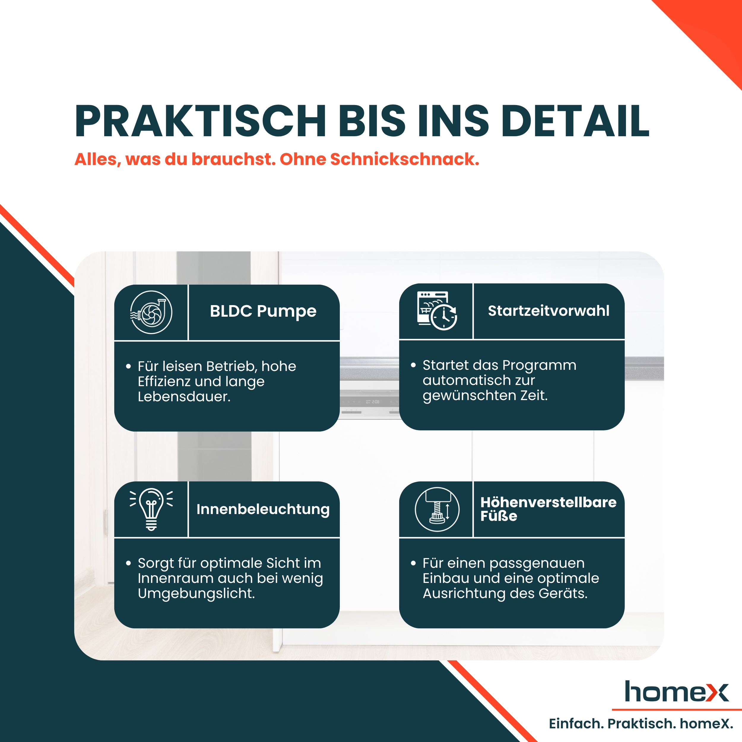 Infografik mit vier Merkmalen: BLDC Pumpe, Startzeitvorwahl, Innenbeleuchtung, höhenverstellbare Füße.