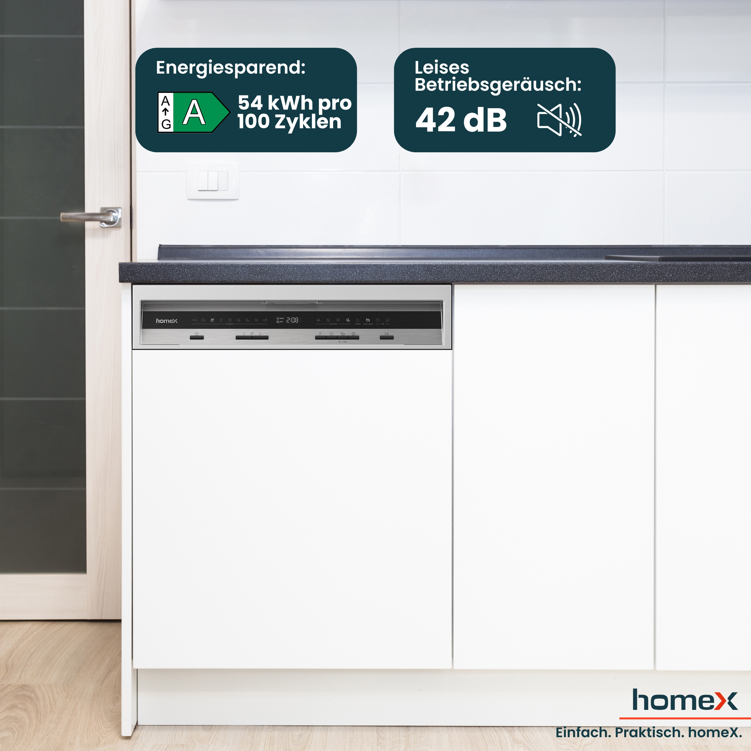 Einbaugeschirrspüler mit Energieeffizienz A, 54 kWh/100 Zyklen, 42 dB Lärmpegel.