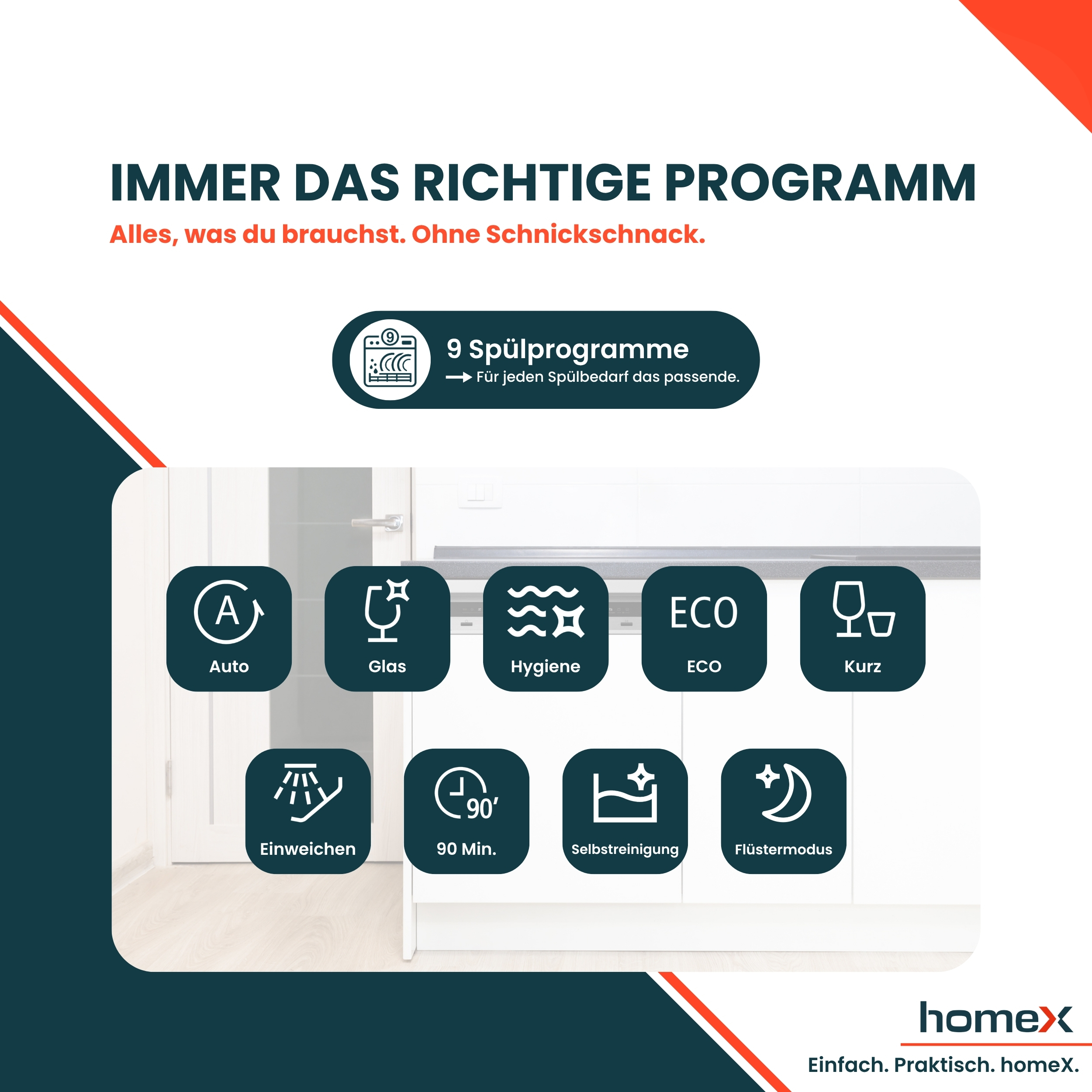 Grafik mit Spülprogrammen: Auto, Glas, Hygiene, ECO, Kurz, Einweichen, 90 Min., Selbstreinigung, Flüstermodus.