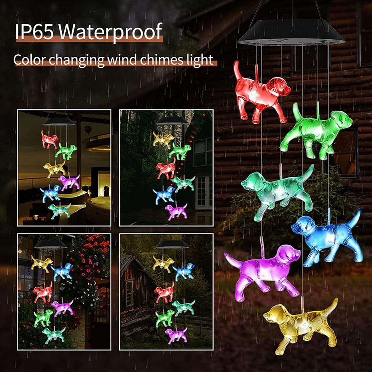 Windspiel mit Hundefiguren in verschiedenen Farben, beleuchtet bei Nacht.