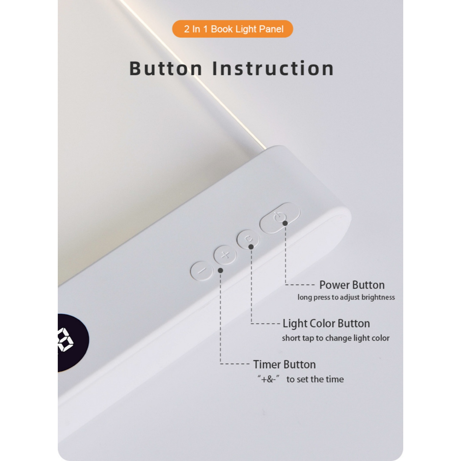 Weiße Lampe mit Tasten für Strom, Lichtfarbe und Timer. Anleitung für Bedienung.