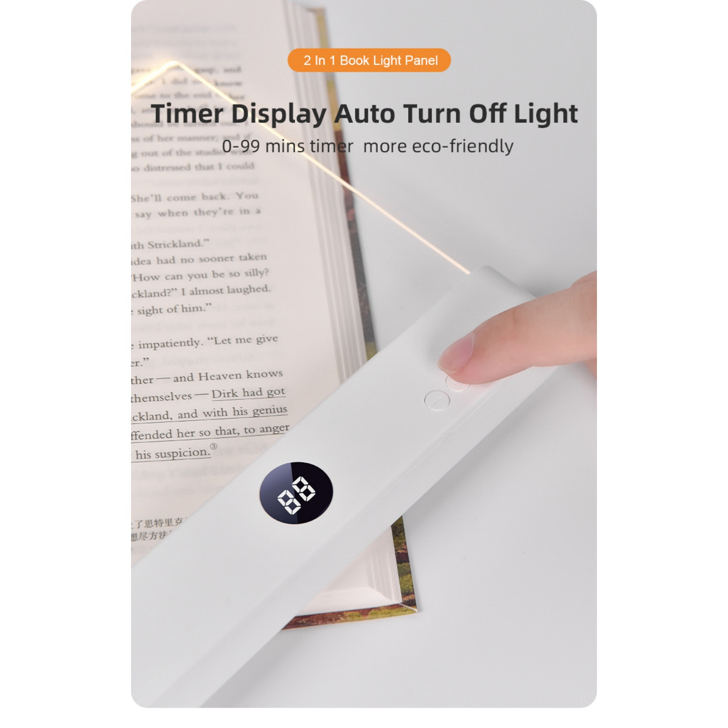 Ein weißes Leselicht mit Timer und digitaler Anzeige auf einem Buch.