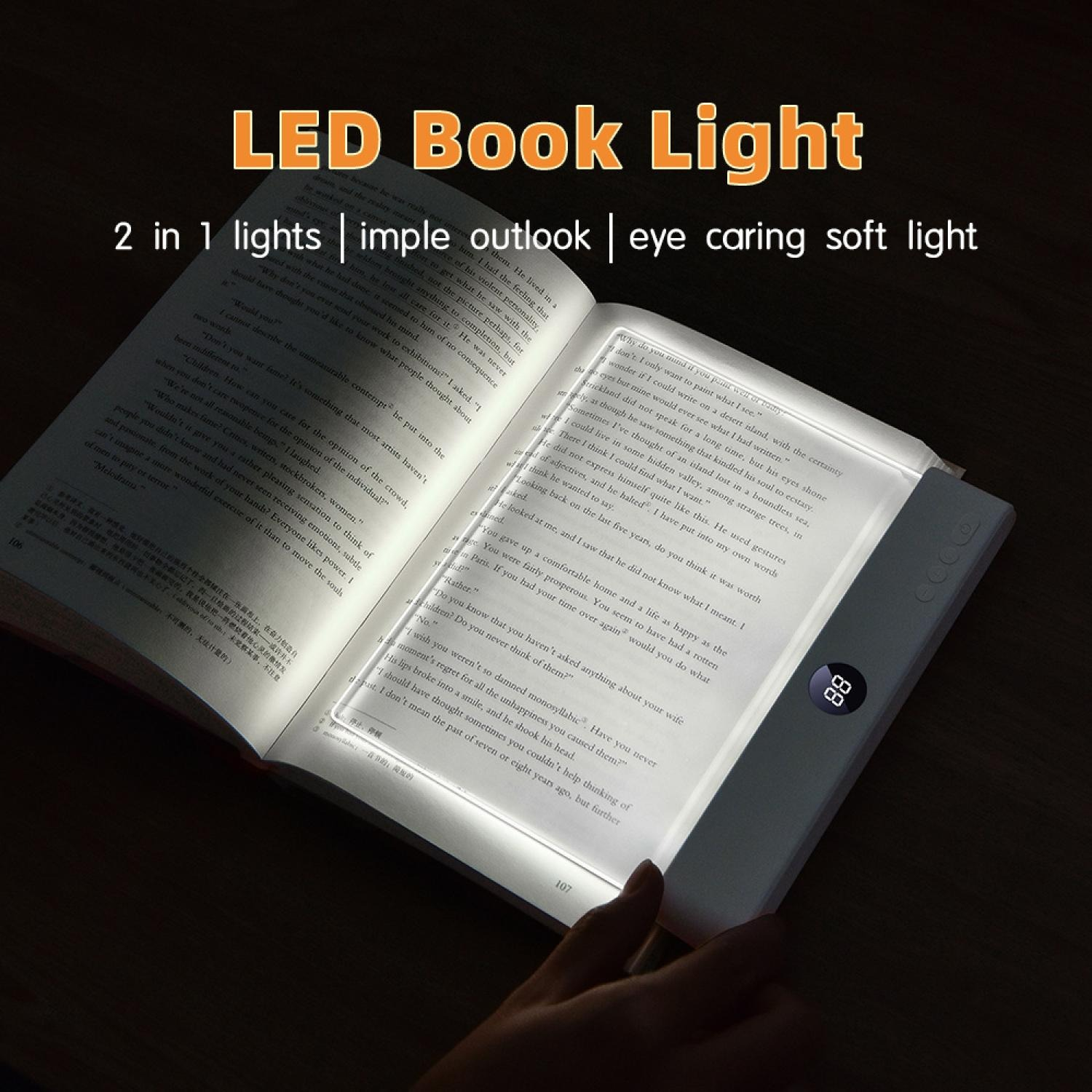 Ein LED-Buchlicht beleuchtet eine offene Seite eines Buches mit Text.